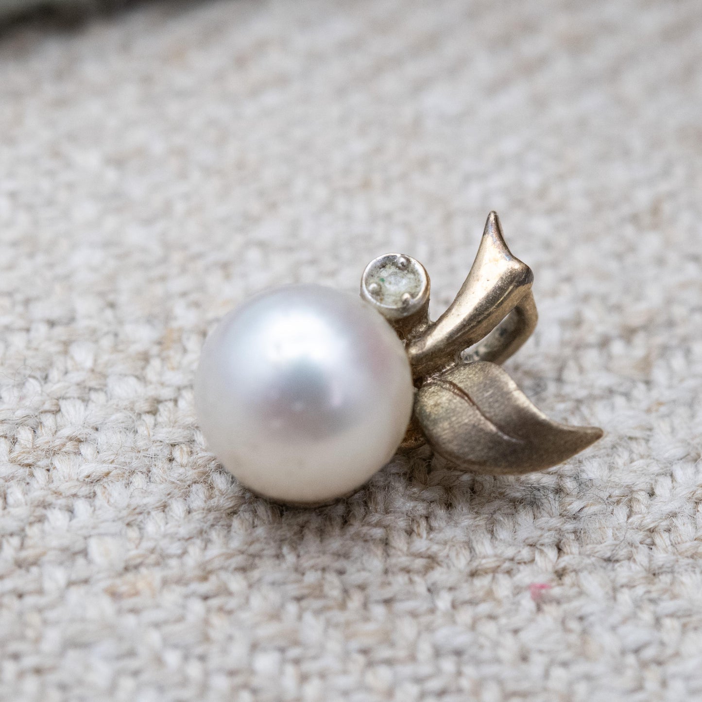 Vintage 9ct Gold Diamond and Pearl Apple Pendant - White Cultured Pearl Charm for Necklace Stack