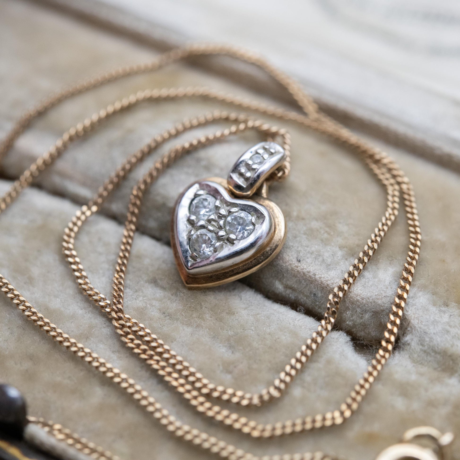 Vintage 9ct Gold Heart Pendant Necklace Two Tone with Clear Stones - Yellow Gold & White Gold