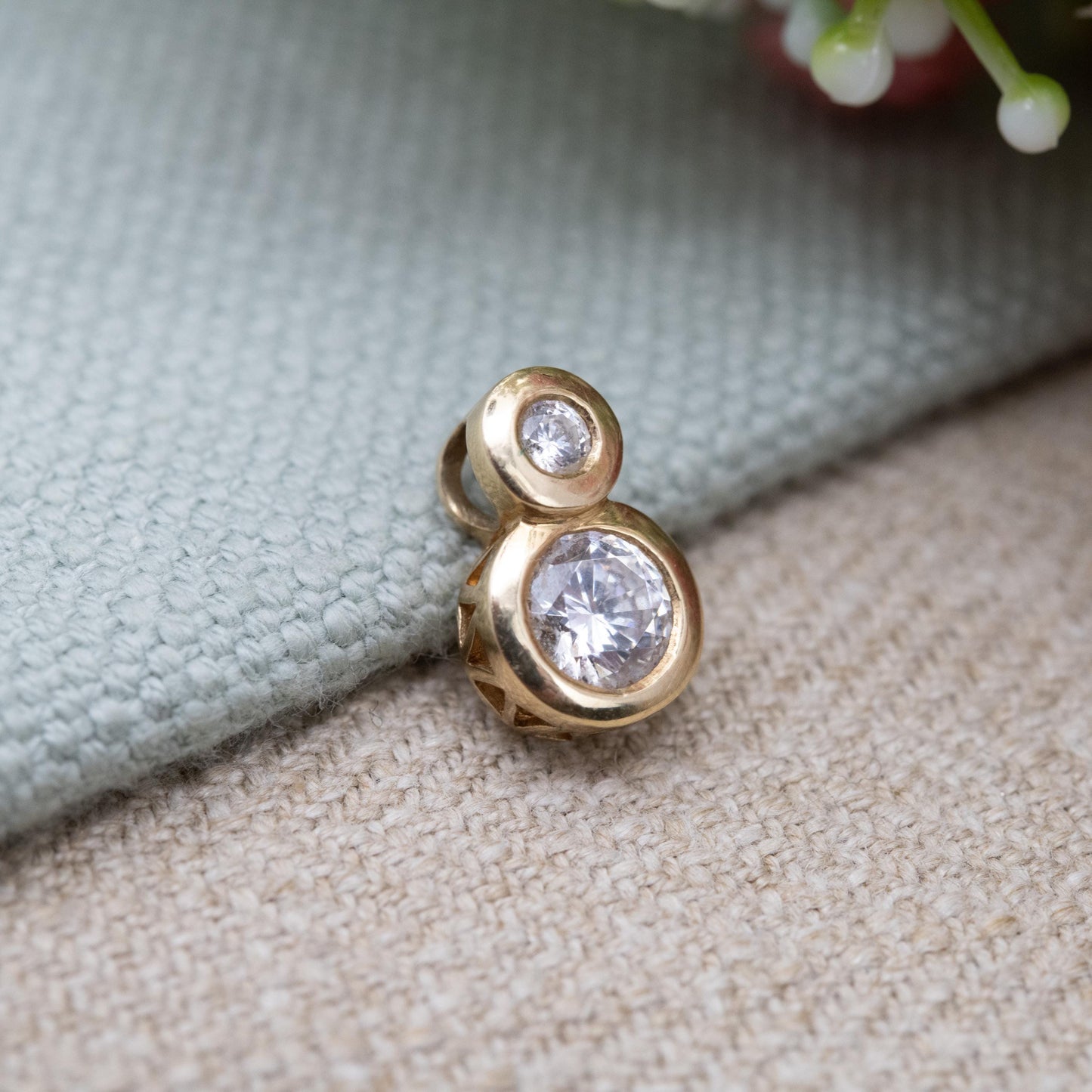 Vintage 10ct Gold CZ Pendant with Double Bezel Set Stones - Large Round Sparkly Clear Stone Gift for Her