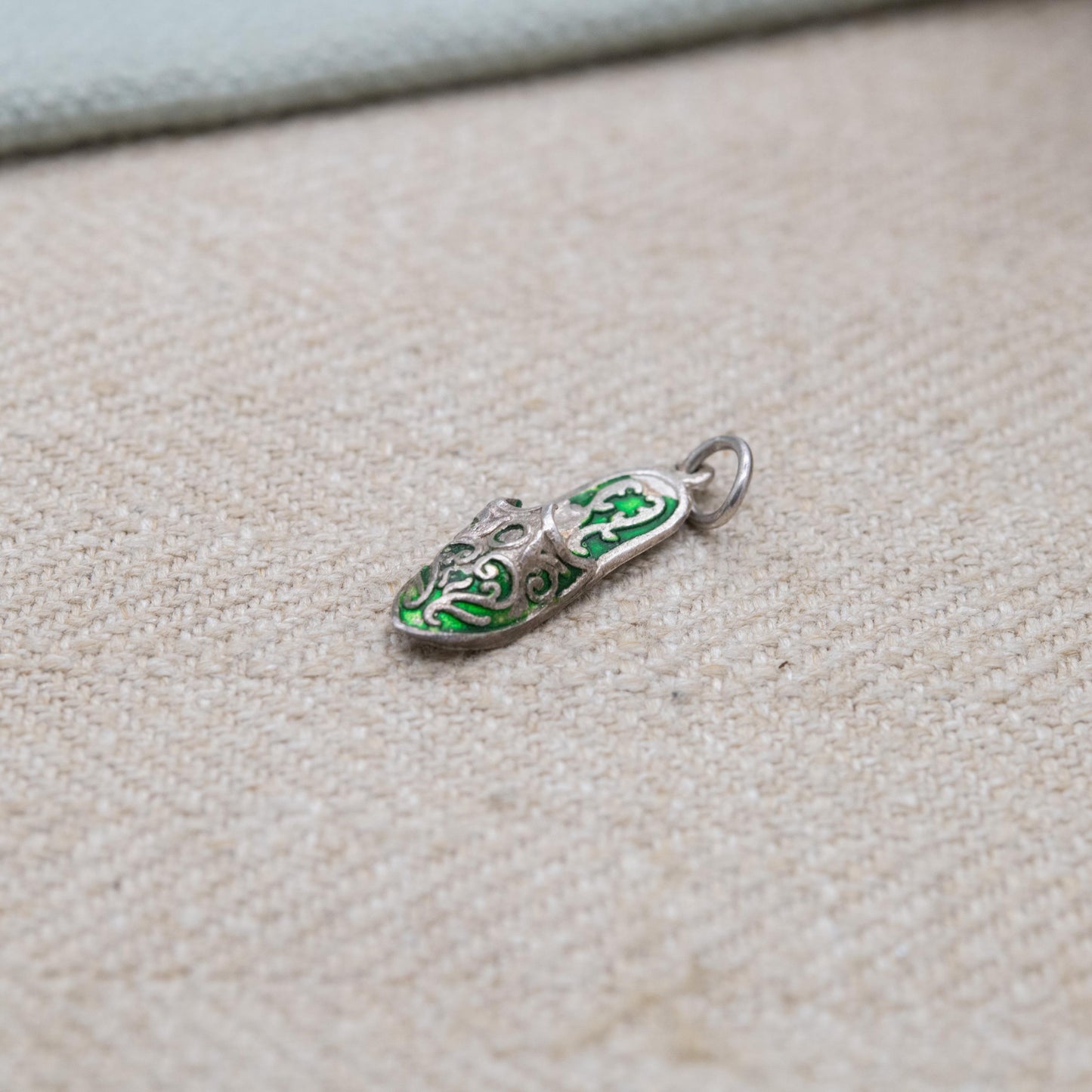 Vintage Sterling Silver and Green Enamel Slipper Shoe Charm Pendant - Traditional Shoe | Scrolling Detailed Slipper Gift for Charm Bracelet