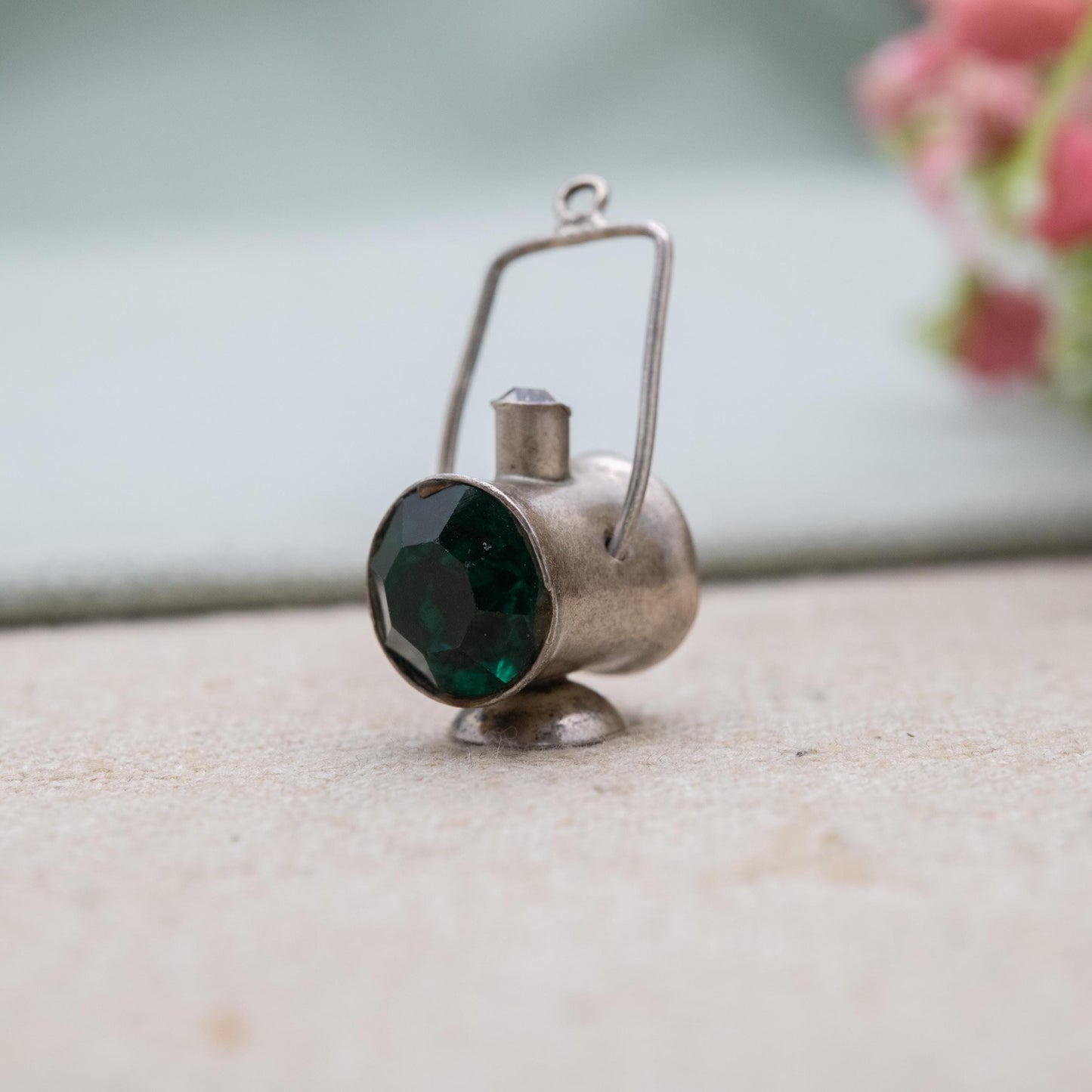 Vintage Sterling Silver Moving Lamp Charm Pendant - Old Fashioned Light | Red White and Green Glass | Gift for Charm Bracelet
