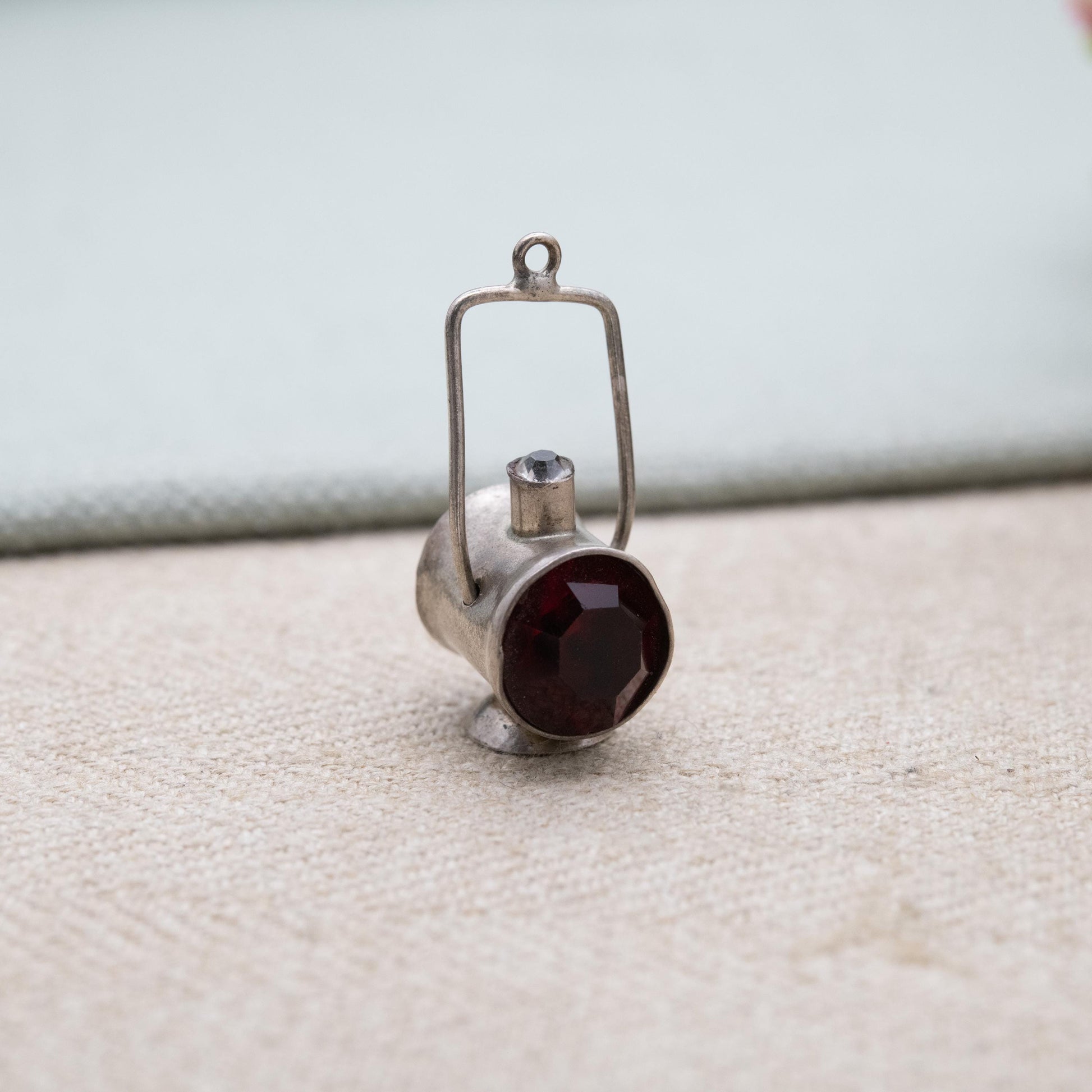Vintage Sterling Silver Moving Lamp Charm Pendant - Old Fashioned Light | Red White and Green Glass | Gift for Charm Bracelet