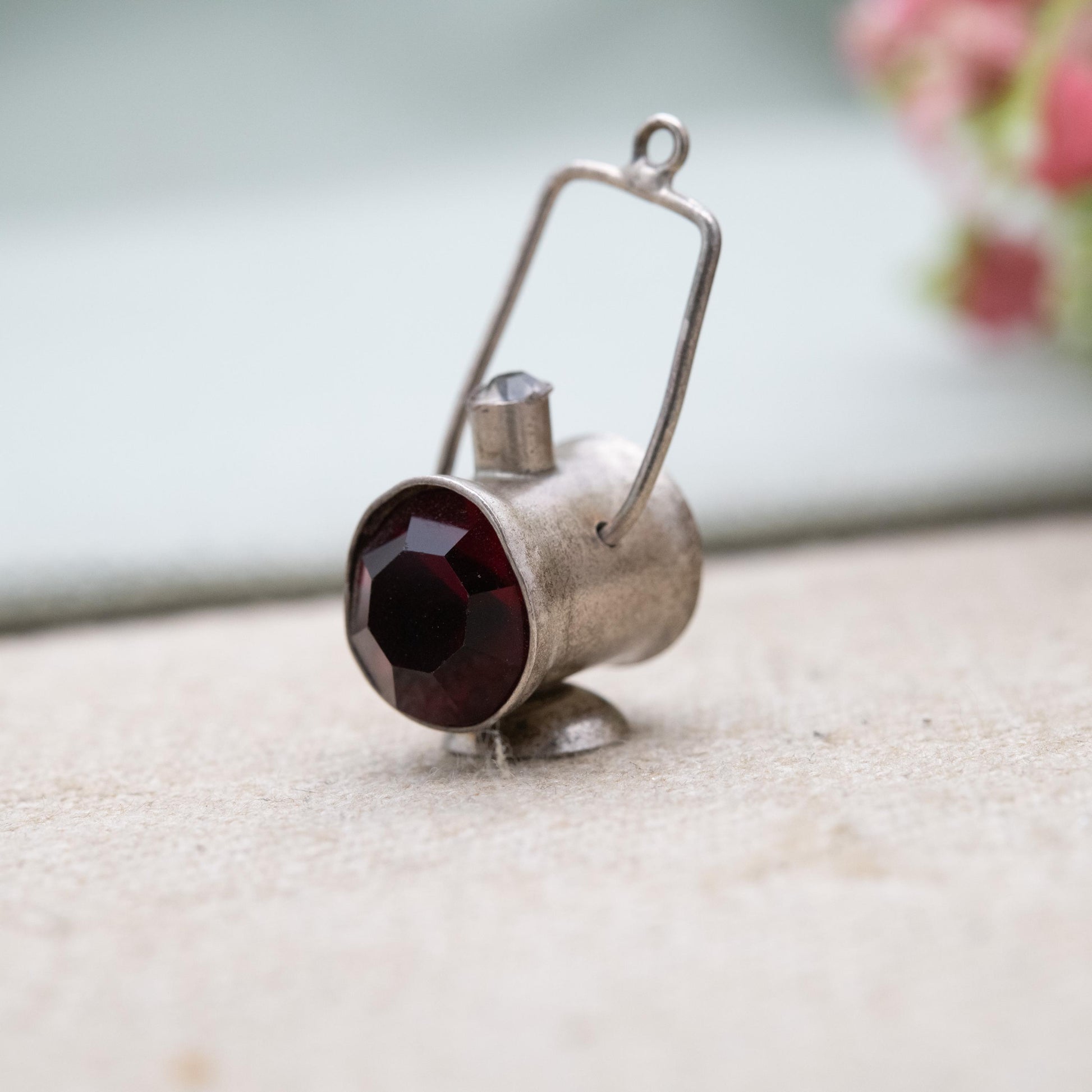 Vintage Sterling Silver Moving Lamp Charm Pendant - Old Fashioned Light | Red White and Green Glass | Gift for Charm Bracelet