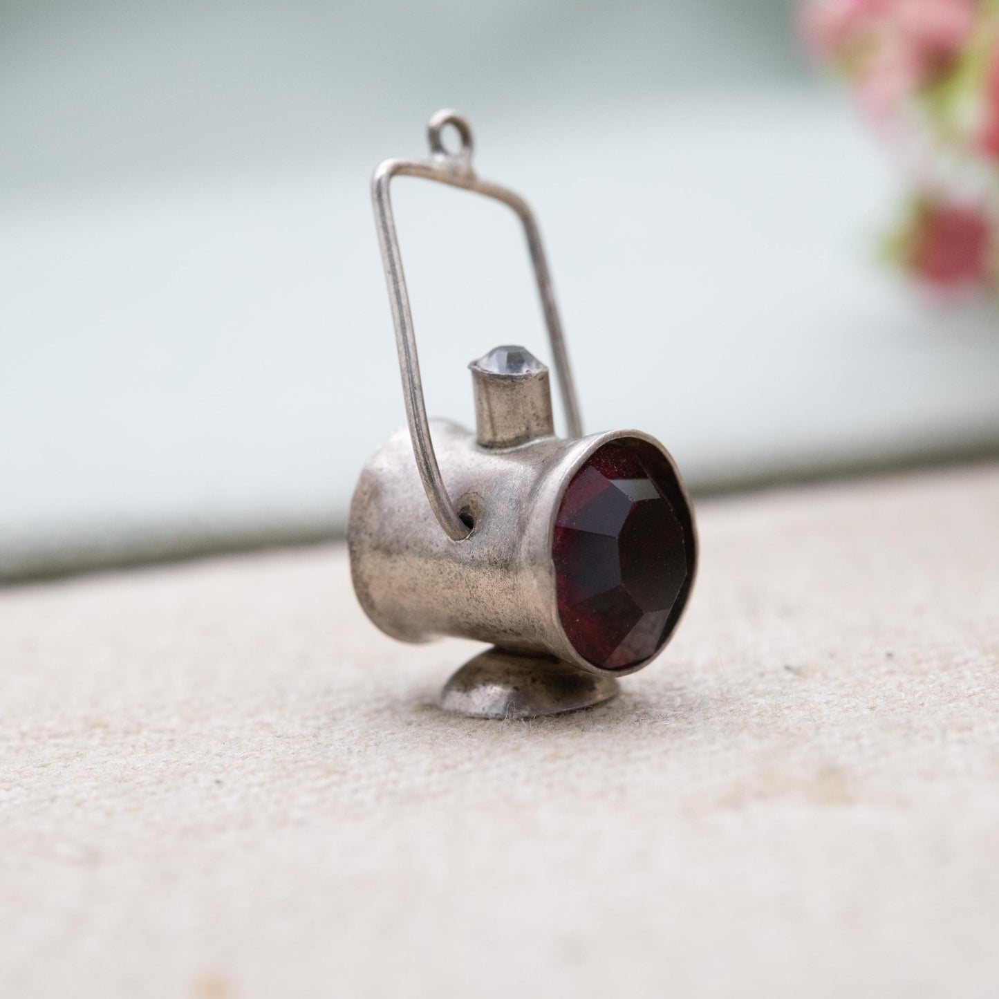 Vintage Sterling Silver Moving Lamp Charm Pendant - Old Fashioned Light | Red White and Green Glass | Gift for Charm Bracelet