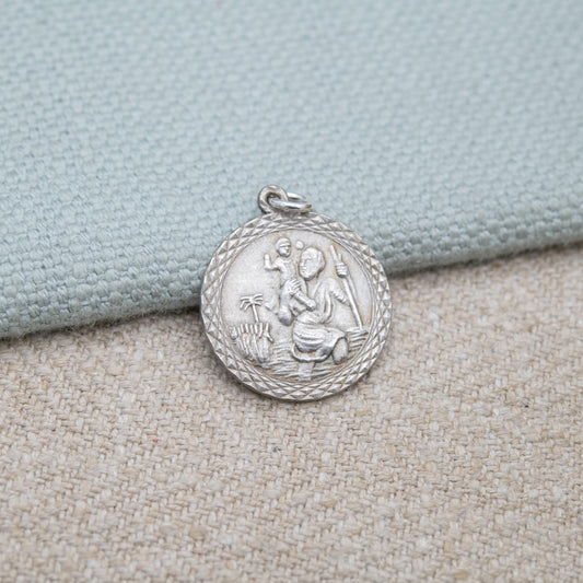 Vintage Sterling Silver St. Christopher Pendant - Saint of Travelling | Christian Religious Jewellery | Detailed Image with Geometric Border