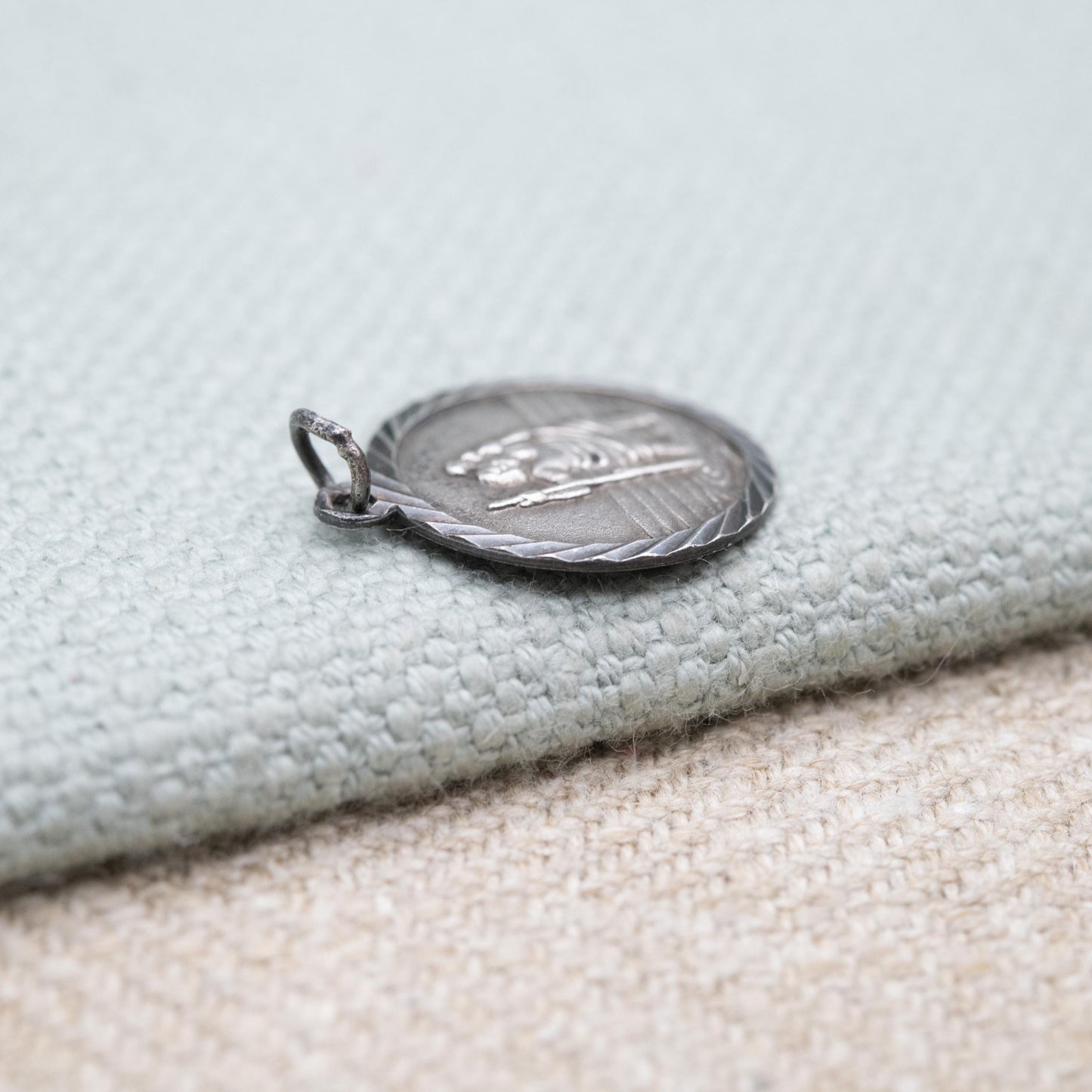Vintage Sterling Silver St. Christopher Pendant - Embossed Relief and Textured Landscape | Saint of Travelling | Gift for Charm Bracelet