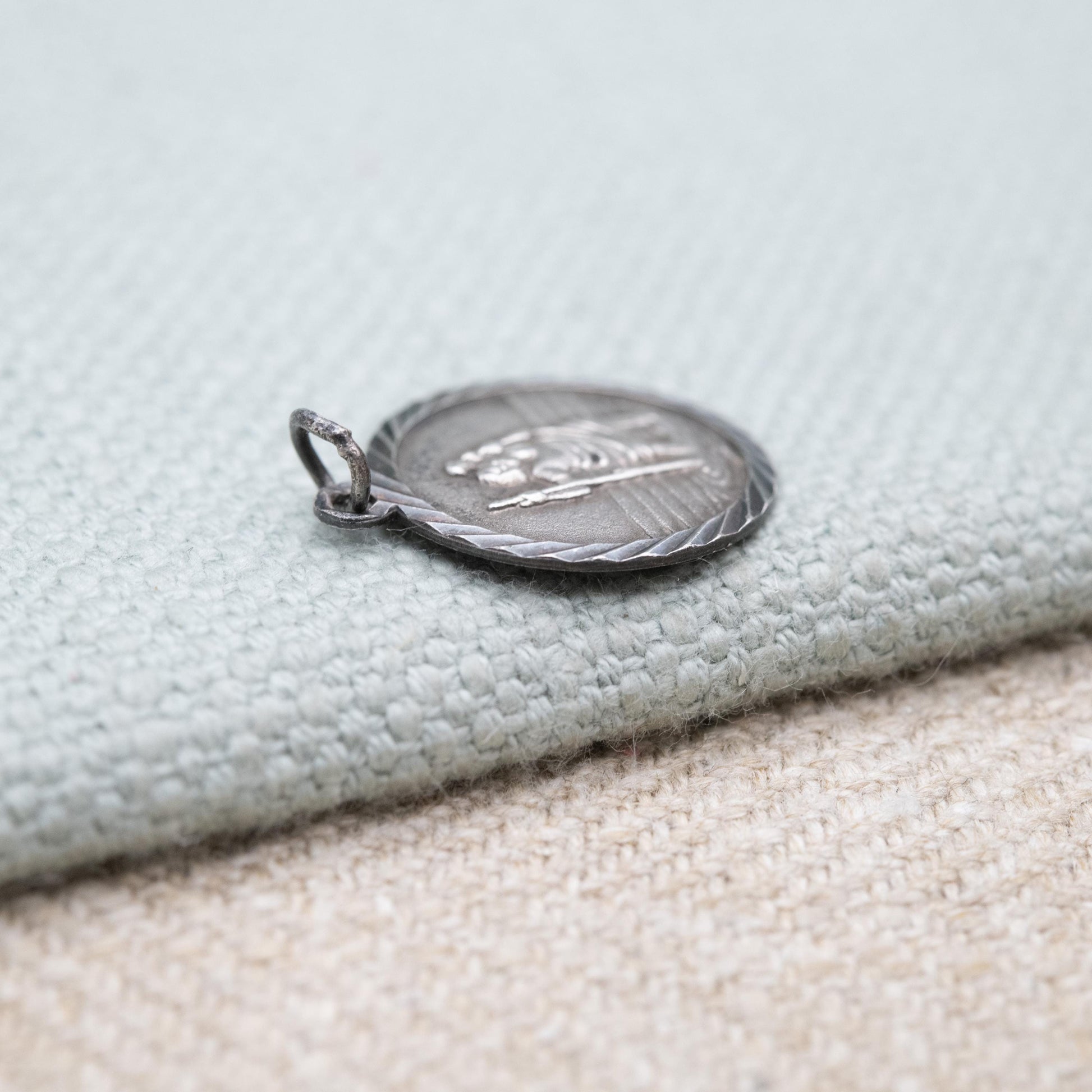 Vintage Sterling Silver St. Christopher Pendant - Embossed Relief and Textured Landscape | Saint of Travelling | Gift for Charm Bracelet
