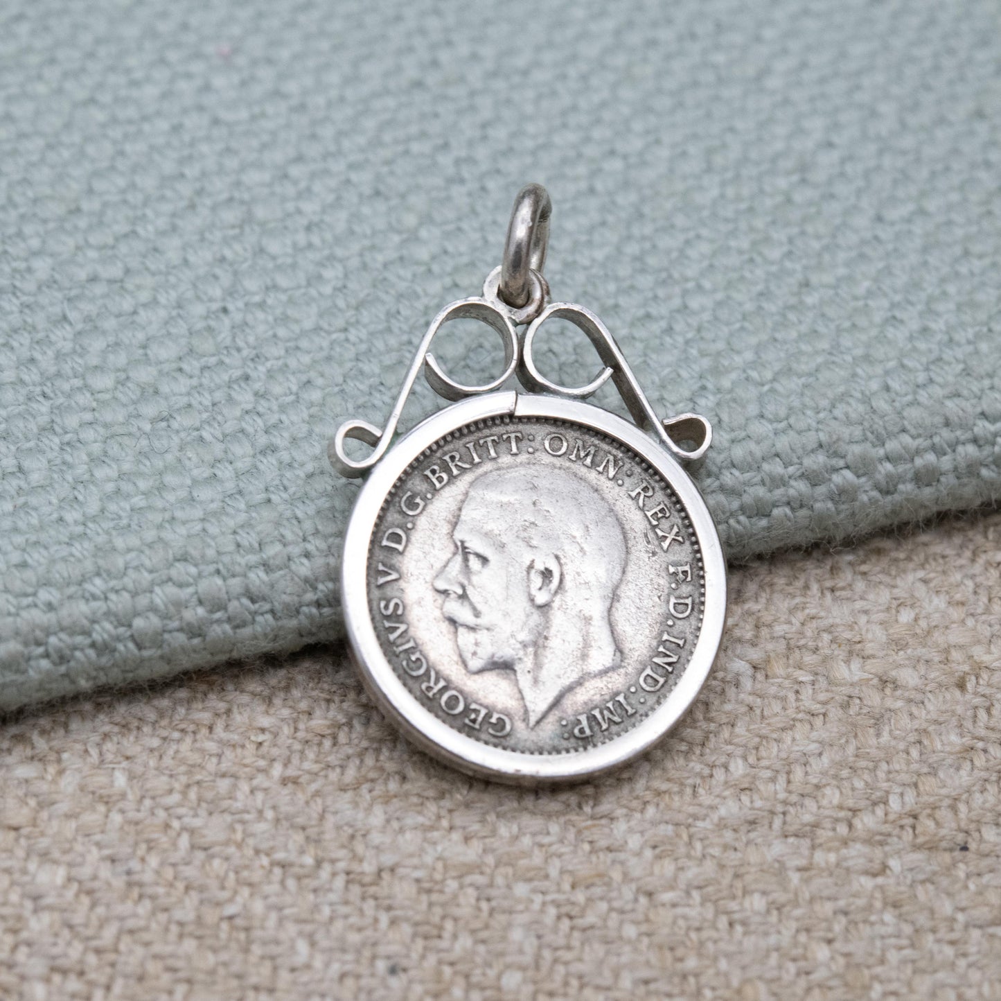 Vintage George V Threepence Coin Pendant Charm - Openwork Scrolling Mount | Collectable Pendant