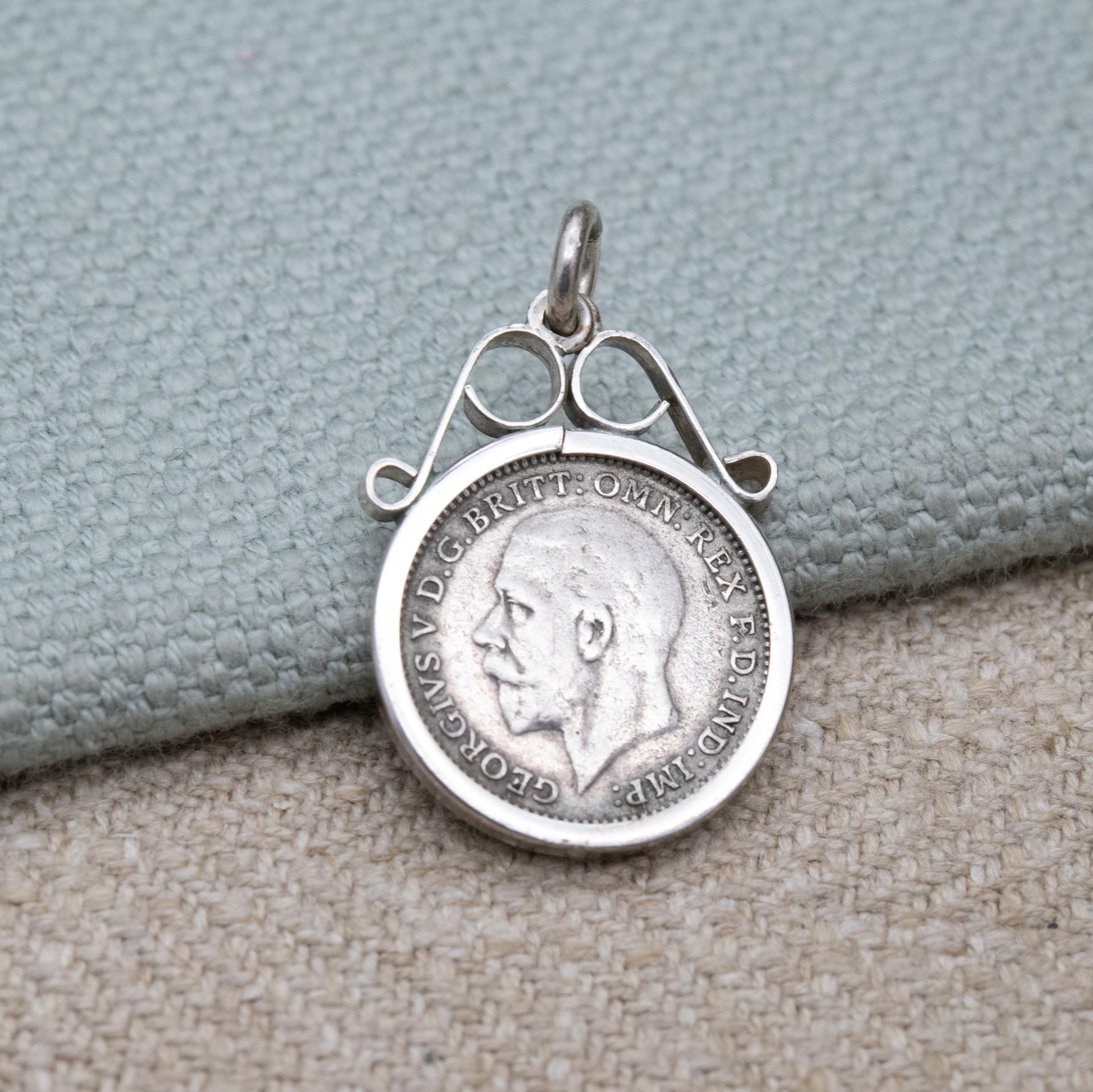 Vintage George V Threepence Coin Pendant Charm - Openwork Scrolling Mount | Collectable Pendant