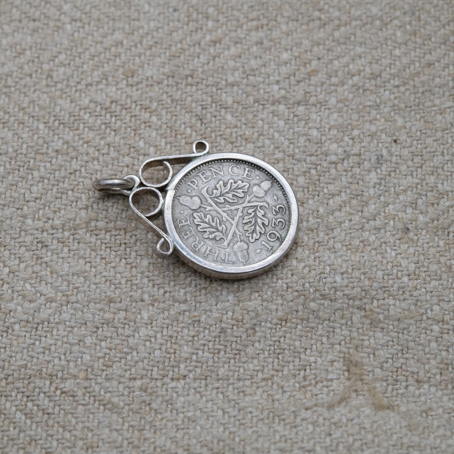 Vintage George V Threepence Coin Pendant Charm - Openwork Scrolling Mount | Collectable Pendant