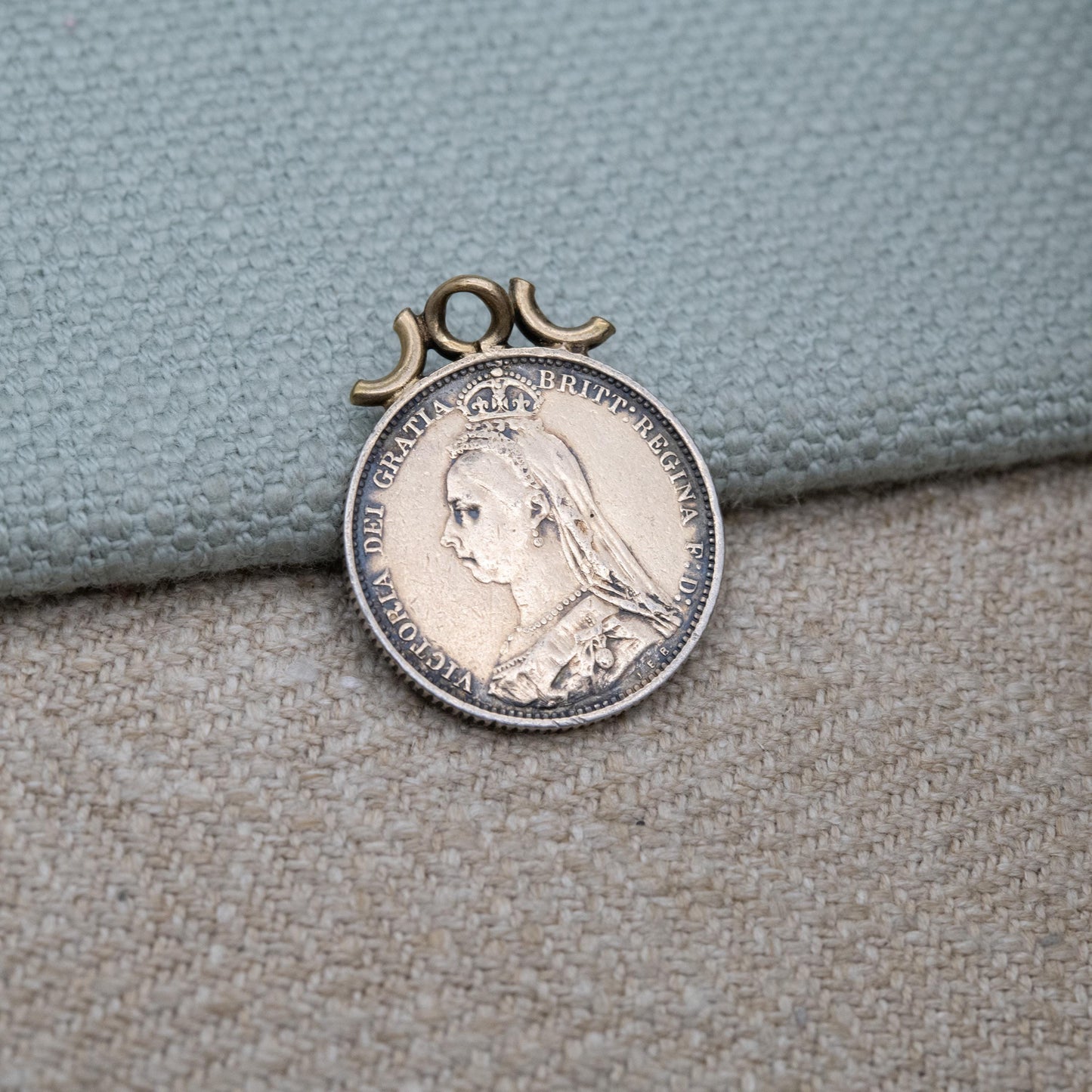 Antique 1887 Victoria Shilling Coin Charm Pendant - Openwork Scrolling Mount | Collectable Pendant