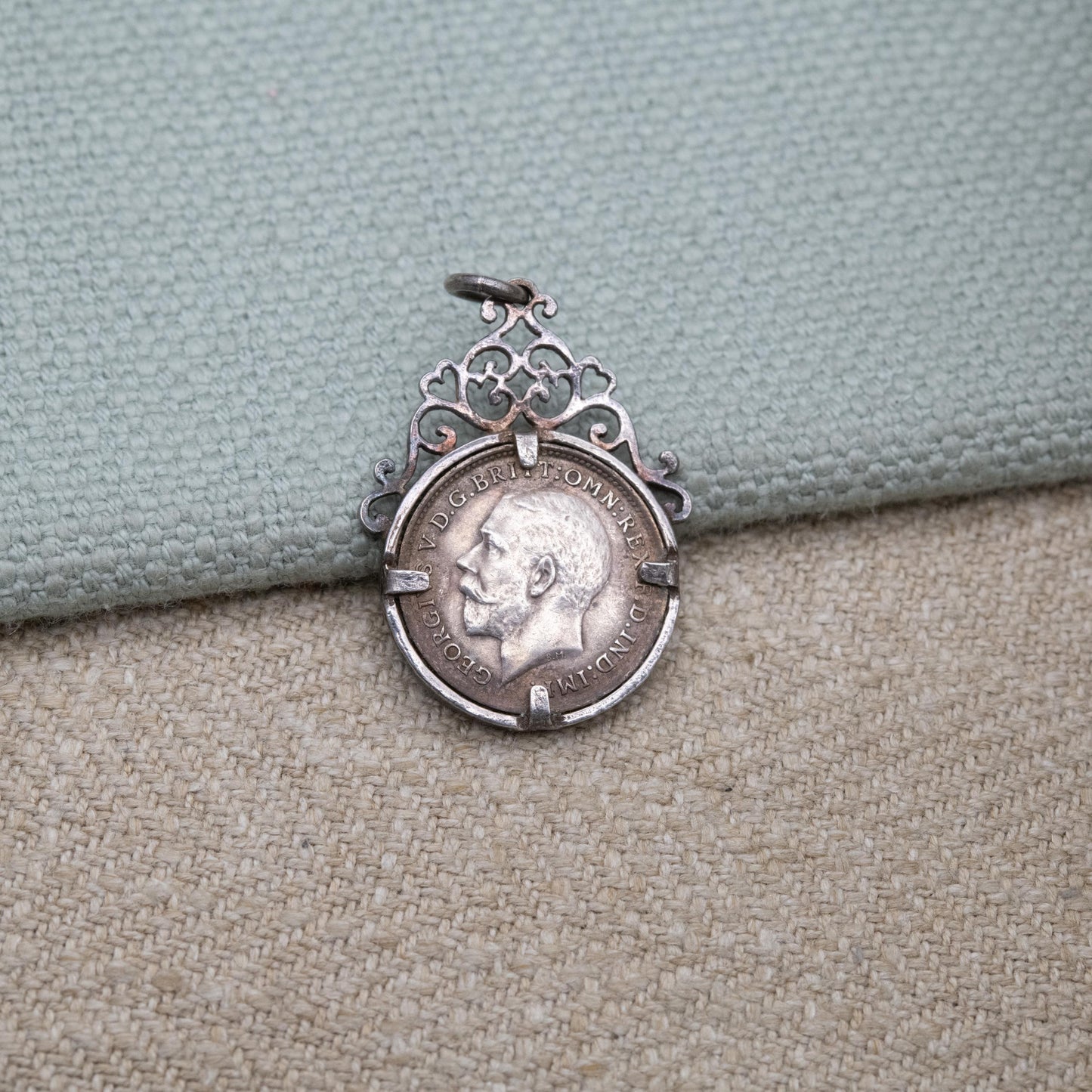 Antique 1919 George V Threepence Coin Pendant Charm - Openwork Scrolling Love Heart Mount | Collectable Pendant