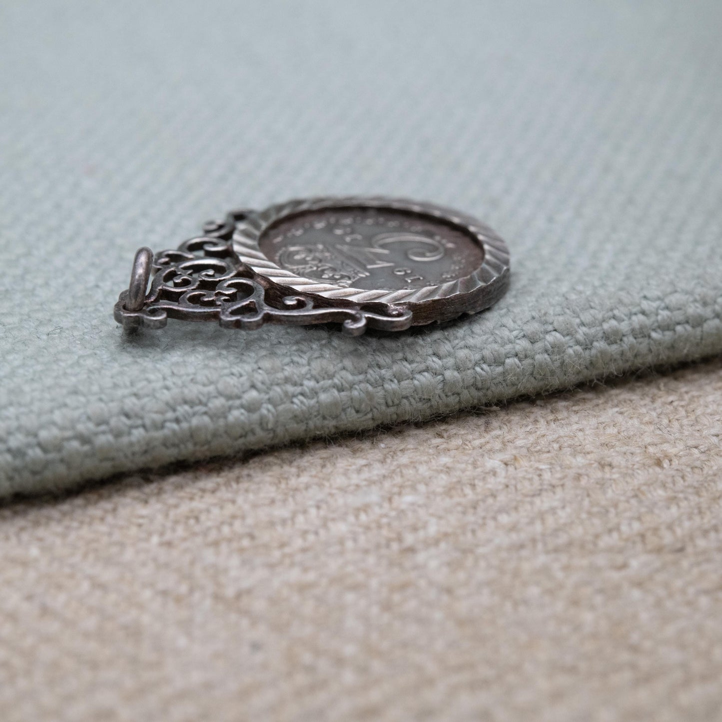 Antique 1919 George V Threepence Coin Pendant Charm - Openwork Scrolling Love Heart Mount | Collectable Pendant