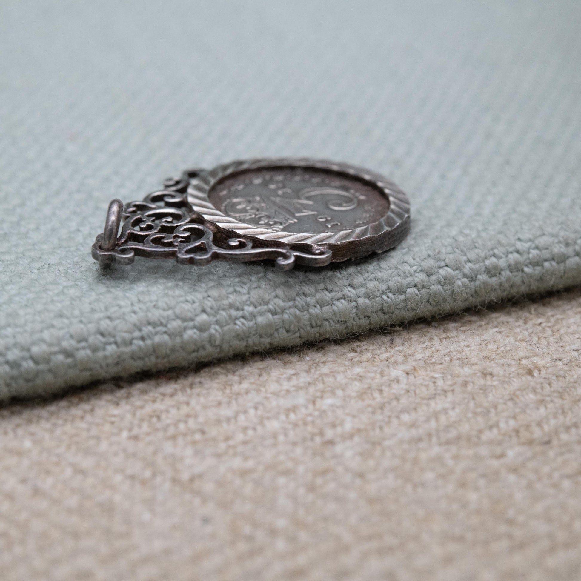 Antique 1919 George V Threepence Coin Pendant Charm - Openwork Scrolling Love Heart Mount | Collectable Pendant