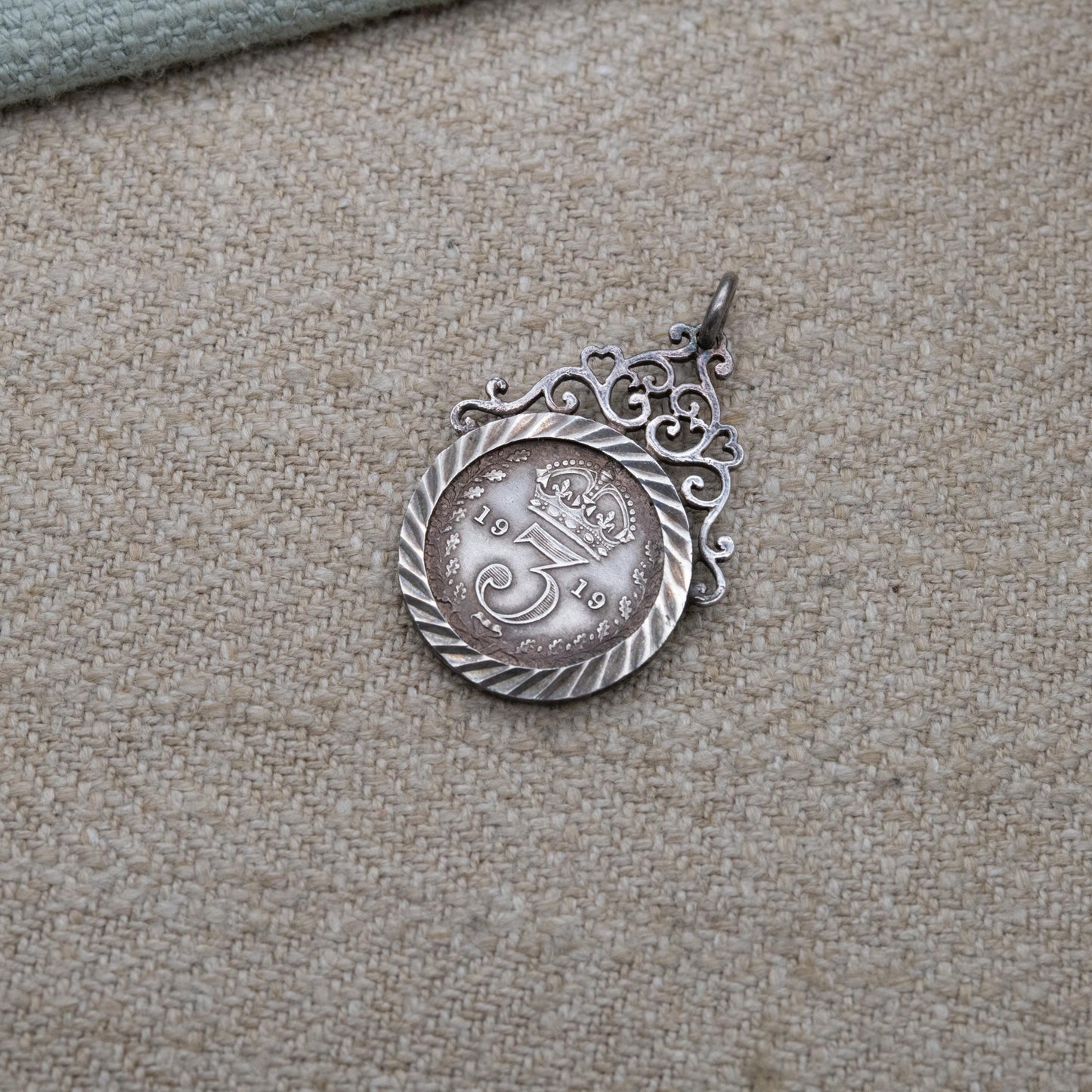 Antique 1919 George V Threepence Coin Pendant Charm - Openwork Scrolling Love Heart Mount | Collectable Pendant