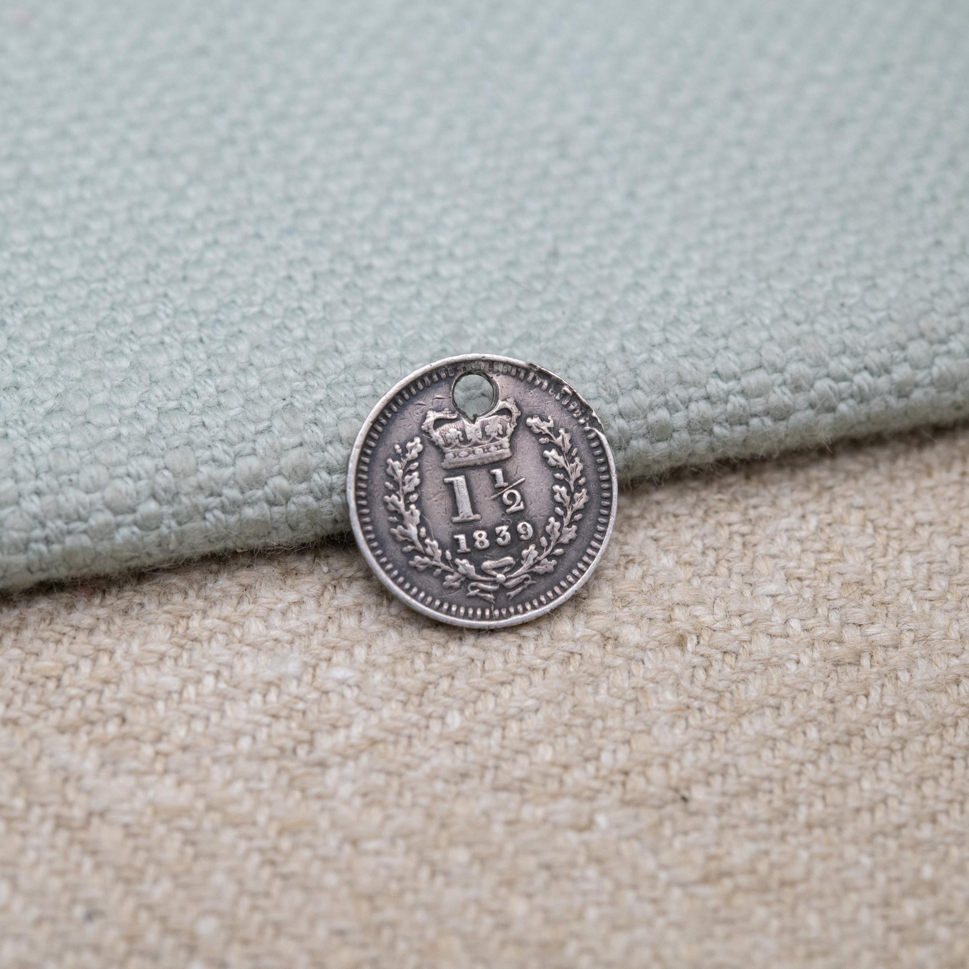 Antique Victorian Sterling Silver One and One Half Pence Coin Charm Pendant 1839 - Victoria Young Head | Solid Silver Coin Jewellery