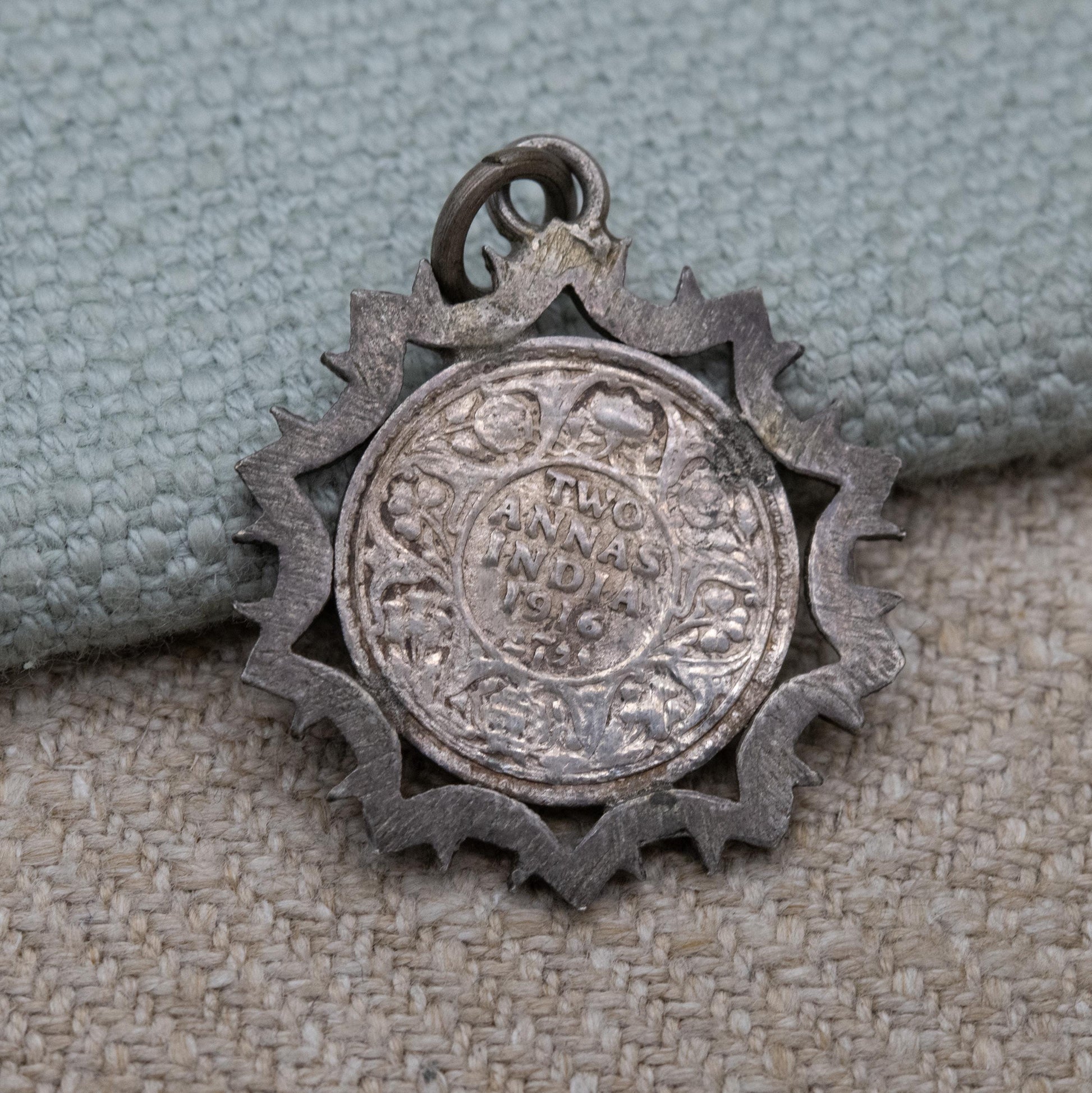 Antique George V Indian Two Annas Coin 1916 Silver Pendant Charm - Crowned George V Emperor | Indian Silver Coin Jewellery