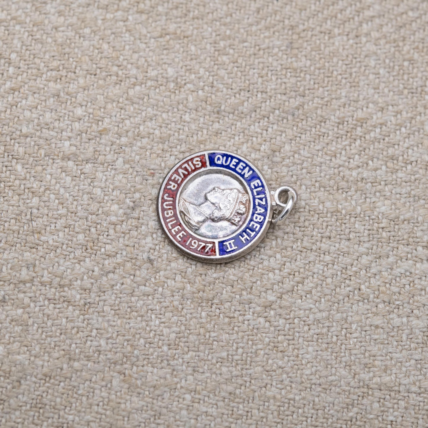 Vintage Sterling Silver Elizabeth II Charm Pendant Silver Jubilee 1977 - Mid-Century Royal Souvenir | Blue and Red Enamel | Queen Elizabeth