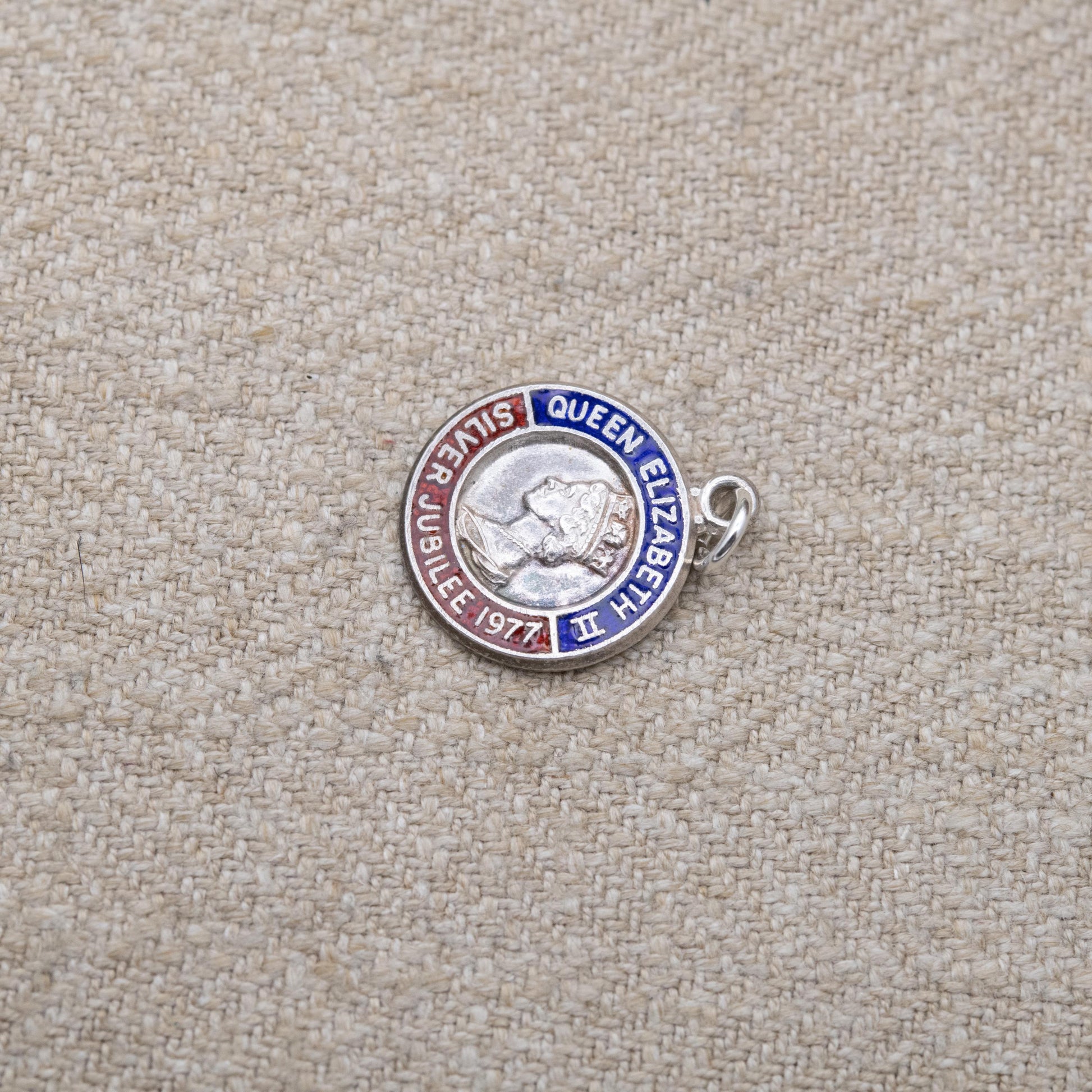 Vintage Sterling Silver Elizabeth II Charm Pendant Silver Jubilee 1977 - Mid-Century Royal Souvenir | Blue and Red Enamel | Queen Elizabeth