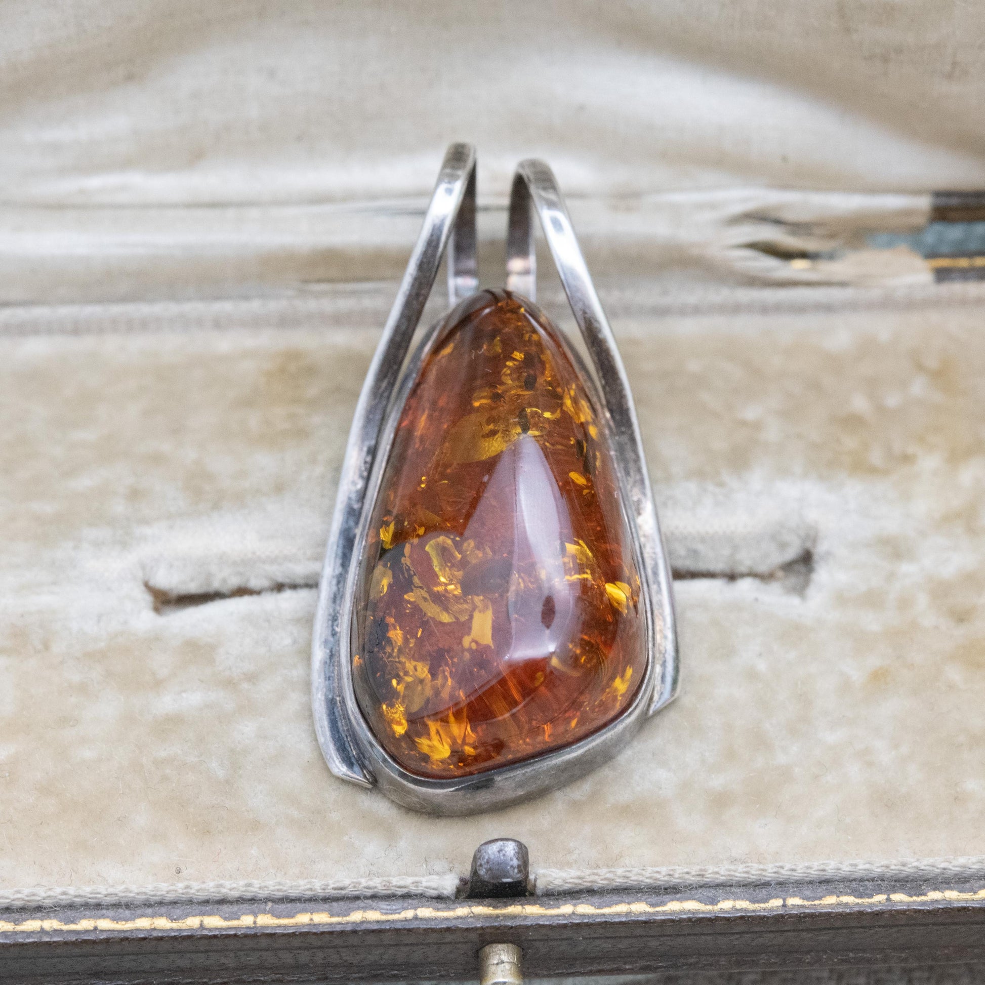 Vintage Sterling Silver Amber Large Pendant - Modernist Cabochon Gemstone Amber