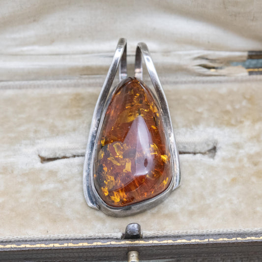 Vintage Sterling Silver Amber Large Pendant - Modernist Cabochon Gemstone Amber