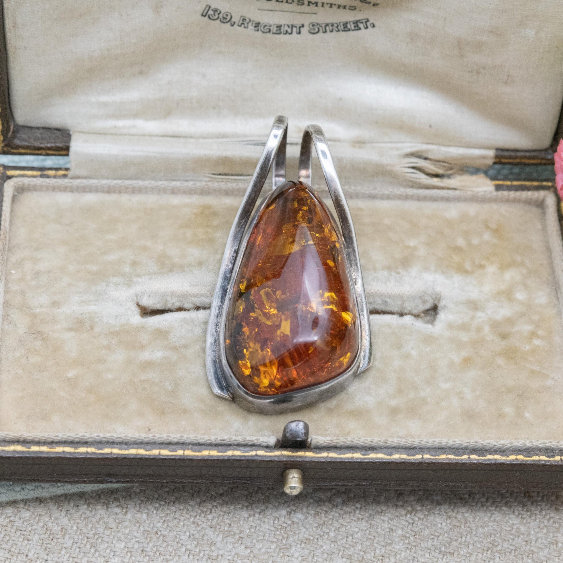 Vintage Sterling Silver Amber Large Pendant - Modernist Cabochon Gemstone Amber