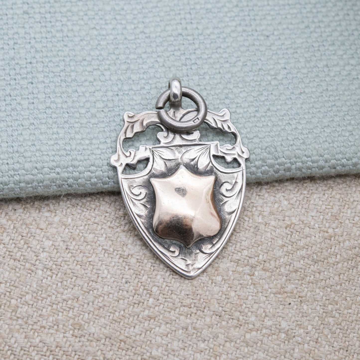 Antique Sterling Silver Gold Fronted Watch Fob Pendant 1928 - Blank Face | Openwork Floral Shield Border