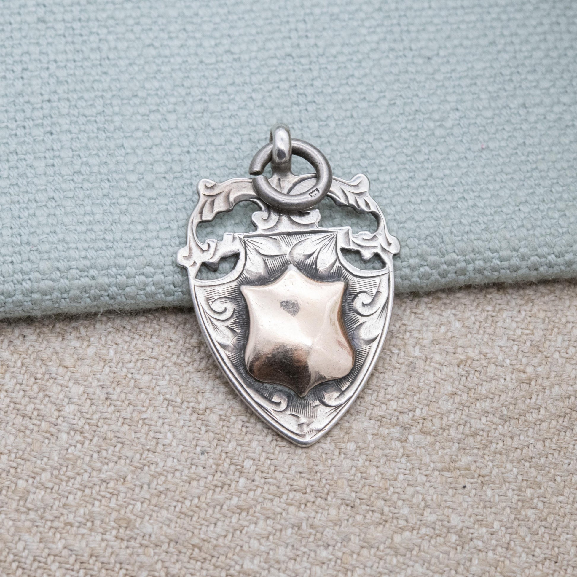 Antique Sterling Silver Gold Fronted Watch Fob Pendant 1928 - Blank Face | Openwork Floral Shield Border