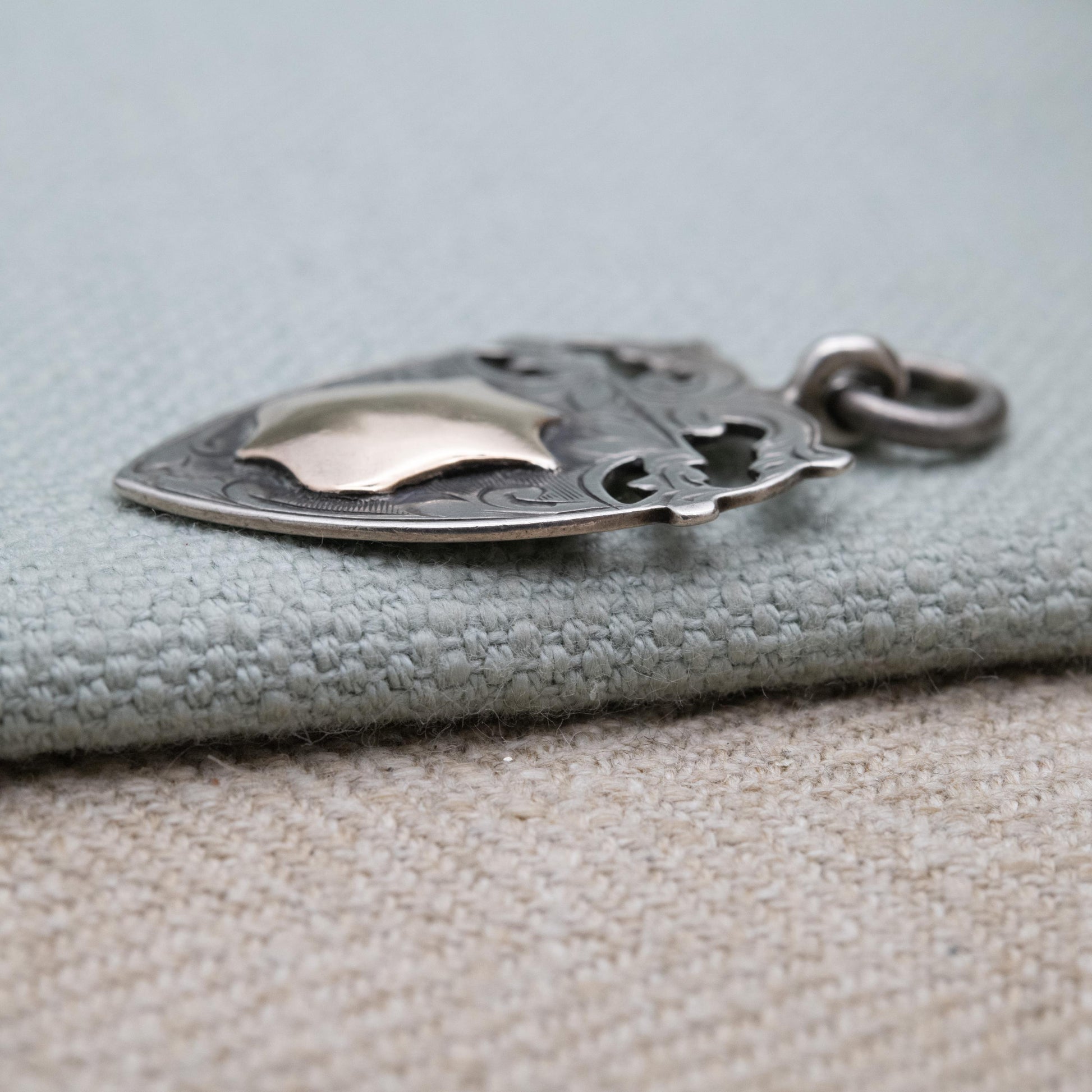 Antique Sterling Silver Gold Fronted Watch Fob Pendant 1928 - Blank Face | Openwork Floral Shield Border