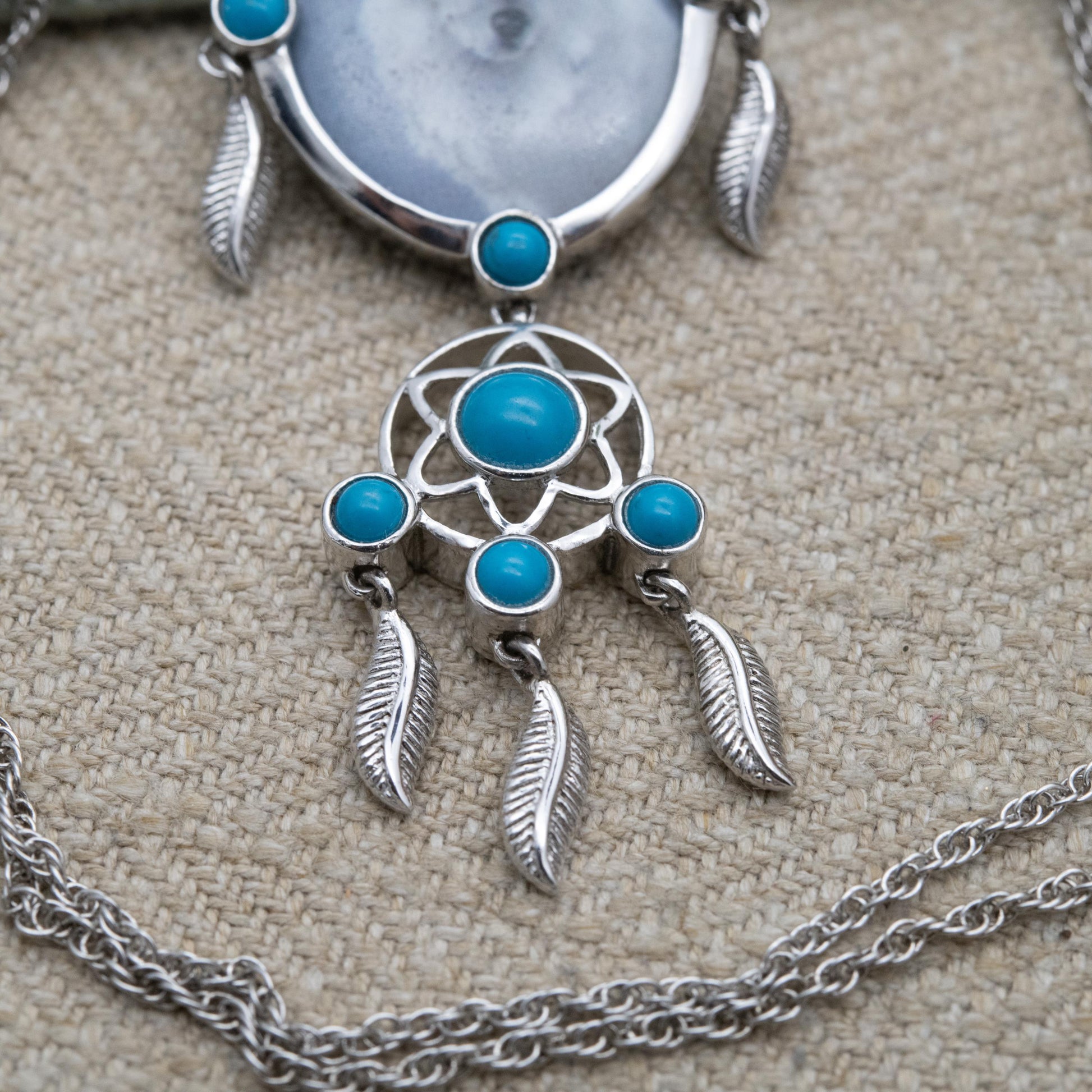 BGE Sterling Silver Native American Dream Catcher Necklace - White Wolf and Blue Gemstone Pendant