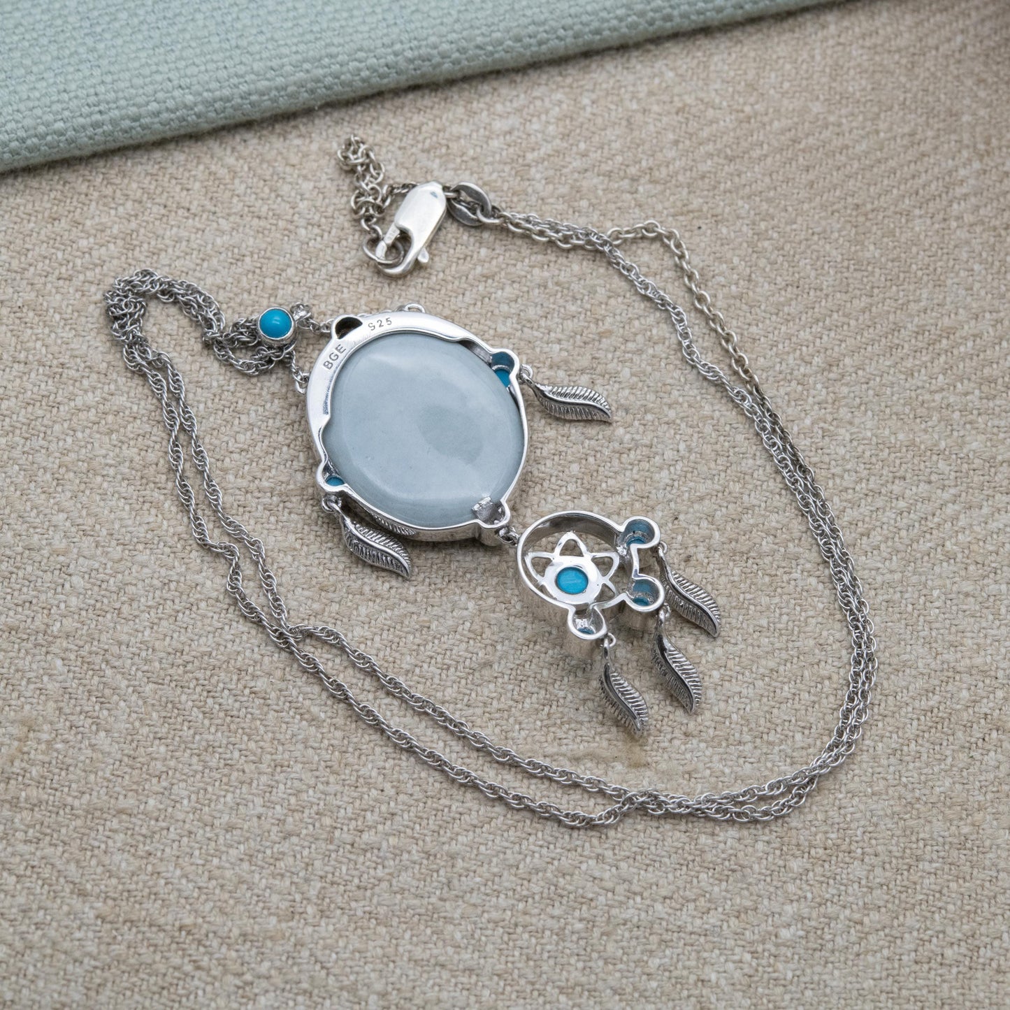 BGE Sterling Silver Native American Dream Catcher Necklace - White Wolf and Blue Gemstone Pendant
