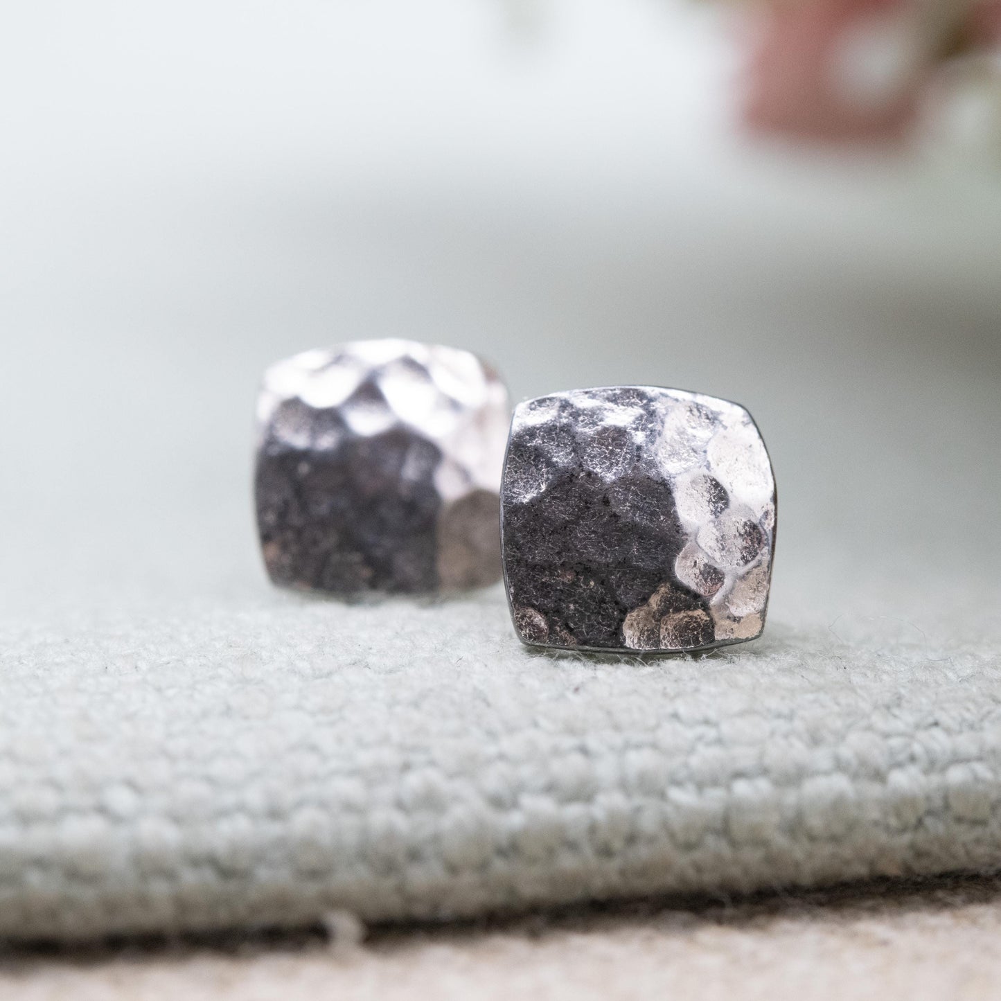 Vintage Sterling Silver Hammered Square Stud Earrings - Unisex Minimalist Everyday Understated Silver Earrings | Gift for Her