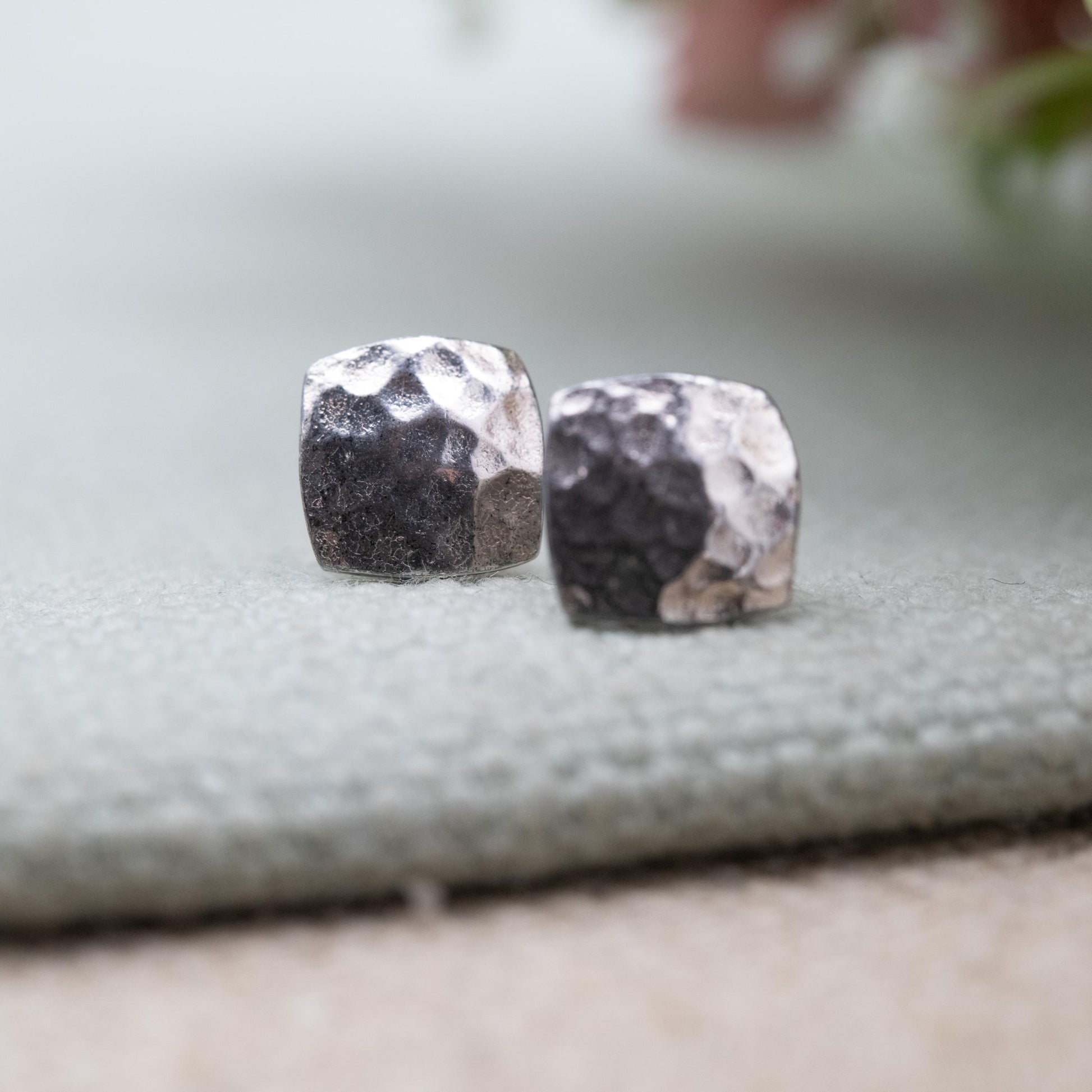 Vintage Sterling Silver Hammered Square Stud Earrings - Unisex Minimalist Everyday Understated Silver Earrings | Gift for Her