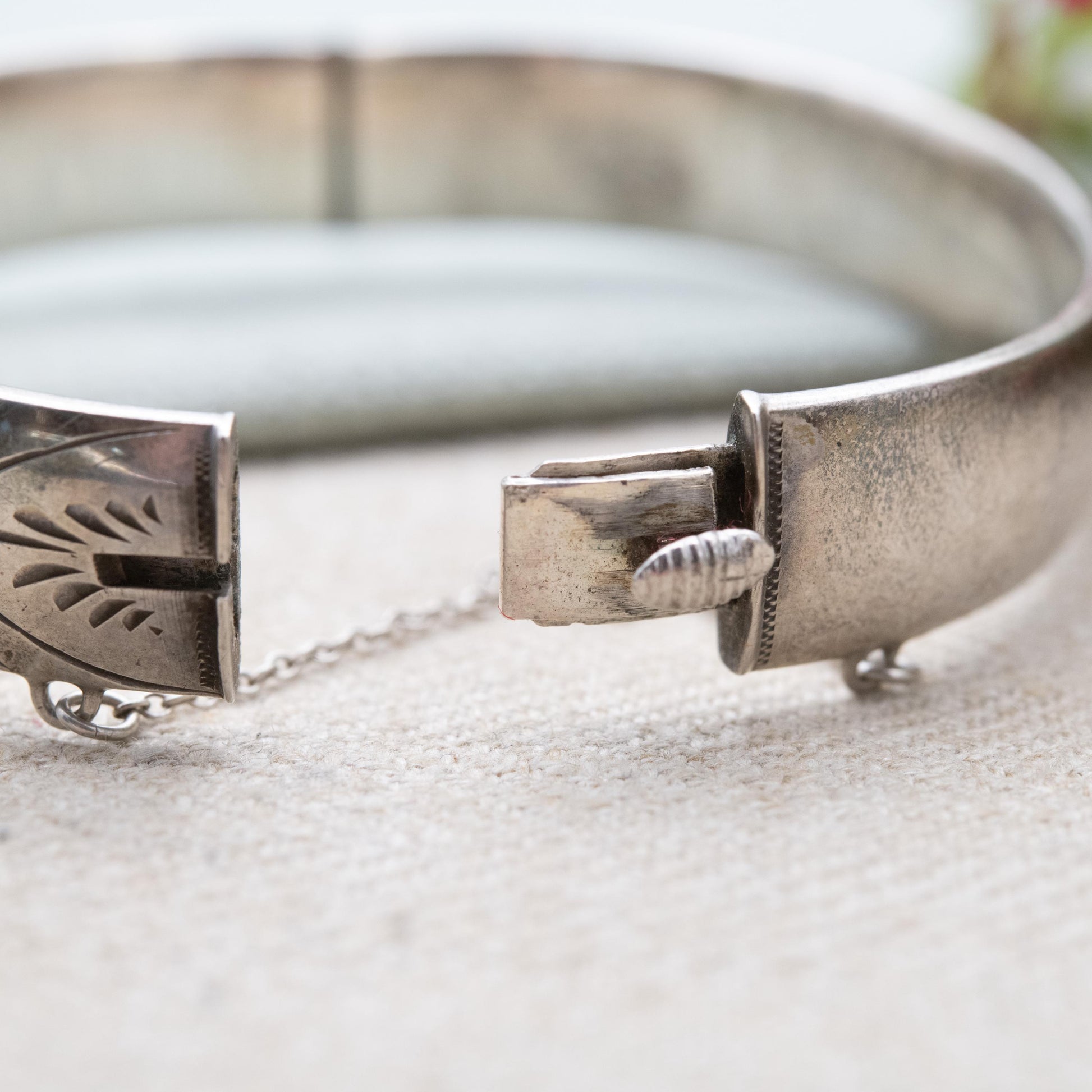 Vintage Sterling Silver Floral Engraved Bangle Bracelet 1966 - Chunky Victorian Aesthetic Scrolling Style with Safety Chain
