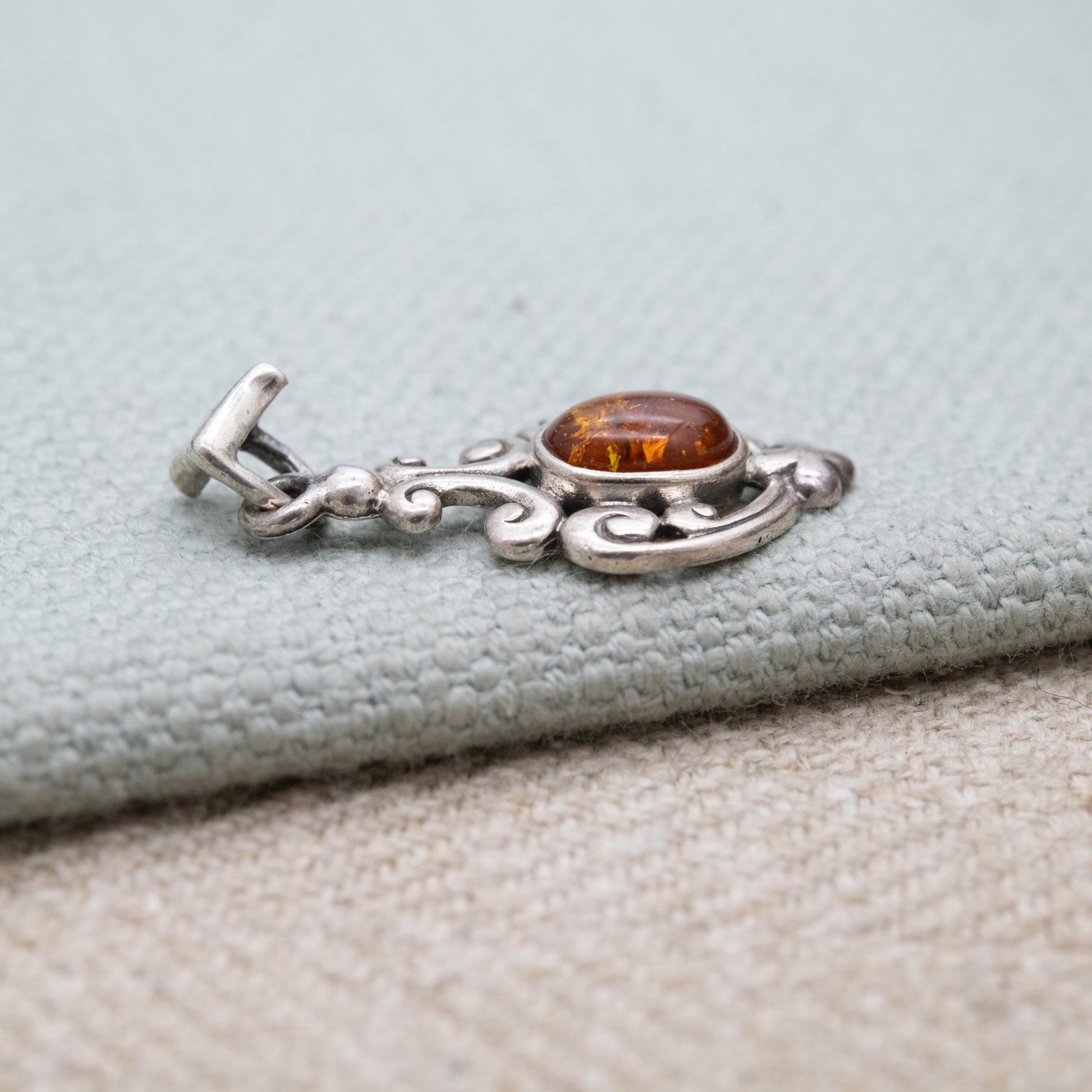 Vintage Sterling Silver Ornate Amber Pendant - Yellow Orange Gemstone Charm | Scrolling Openwork Mount | Gift for Her
