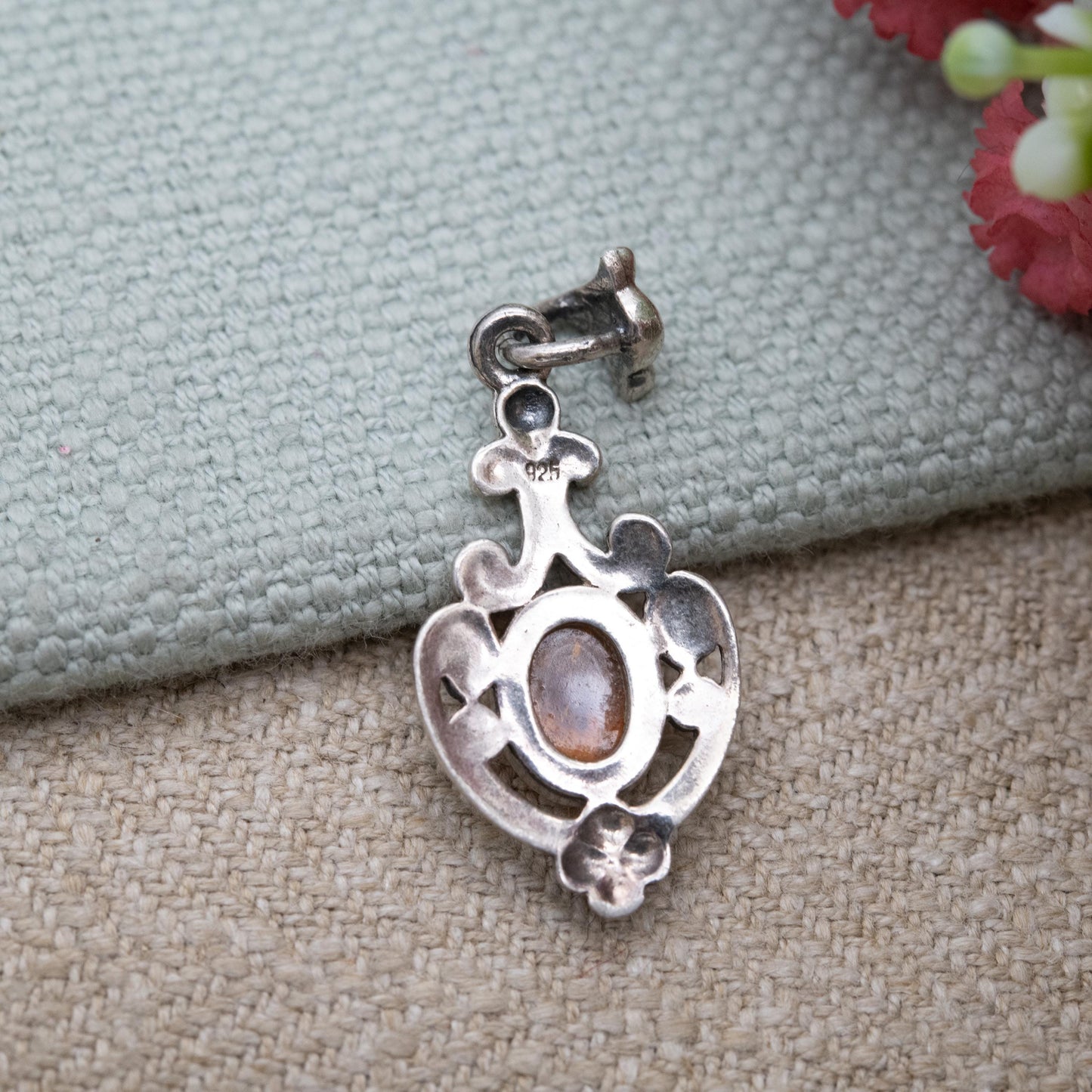 Vintage Sterling Silver Ornate Amber Pendant - Yellow Orange Gemstone Charm | Scrolling Openwork Mount | Gift for Her
