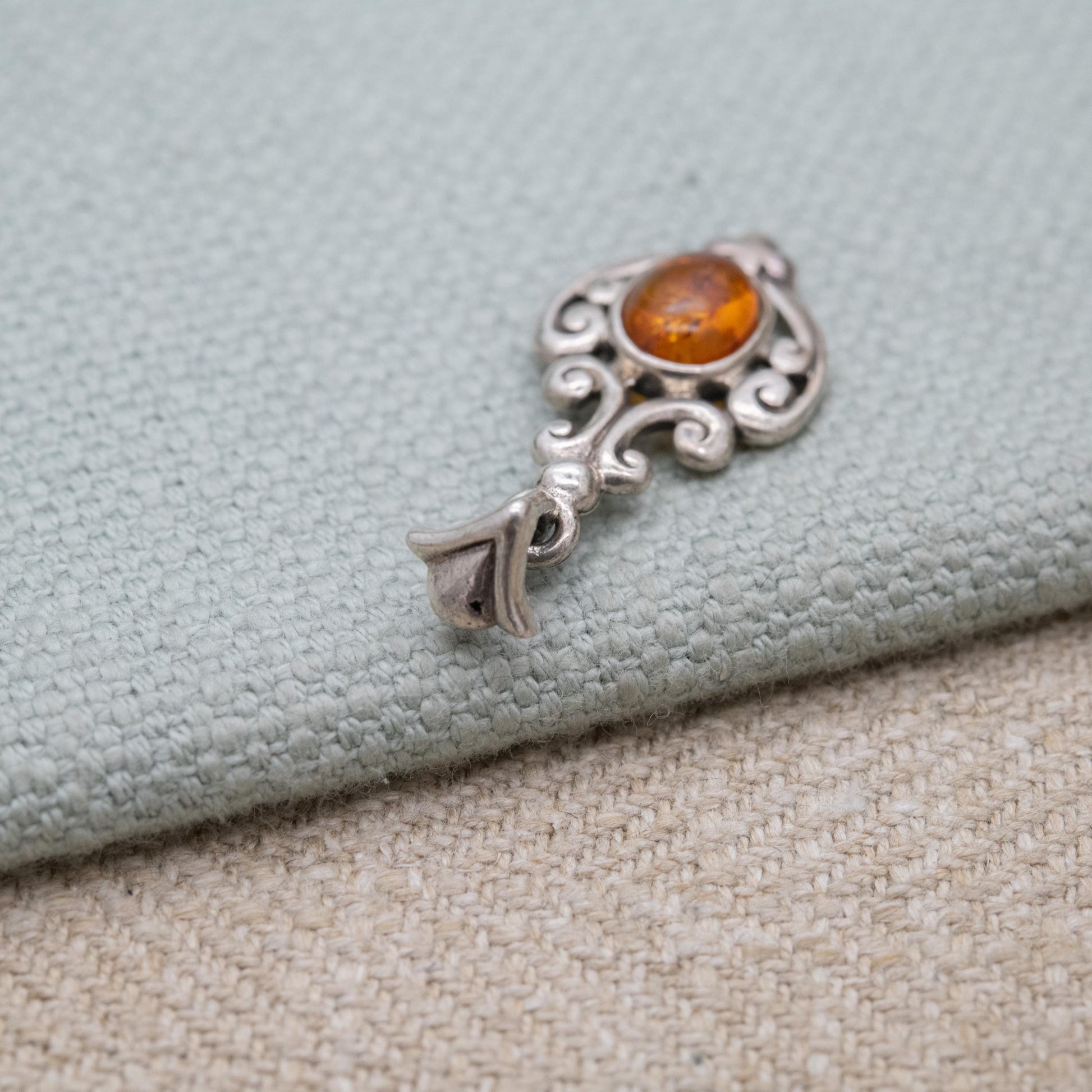Vintage Sterling Silver Ornate Amber Pendant - Yellow Orange Gemstone Charm | Scrolling Openwork Mount | Gift for Her