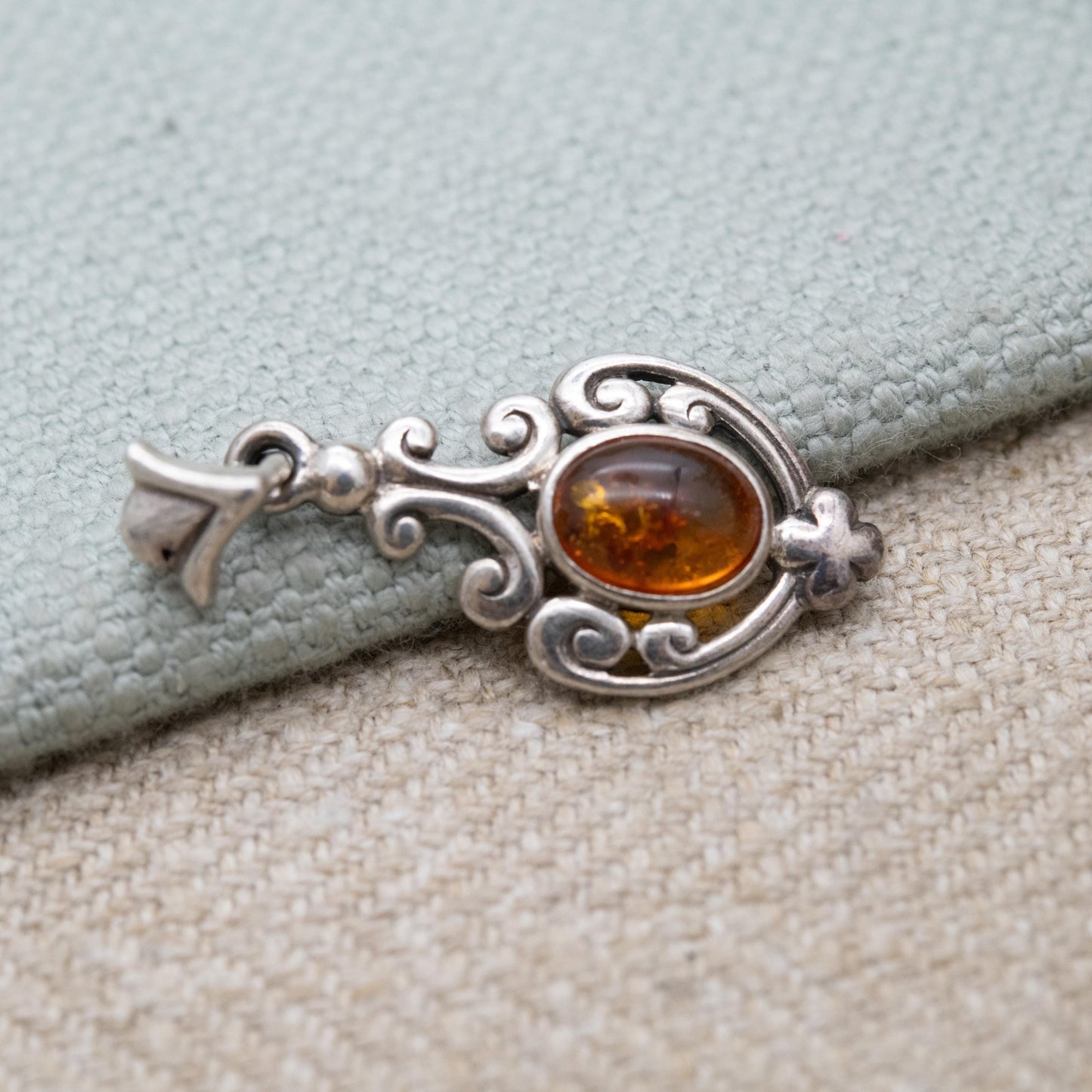 Vintage Sterling Silver Ornate Amber Pendant - Yellow Orange Gemstone Charm | Scrolling Openwork Mount | Gift for Her