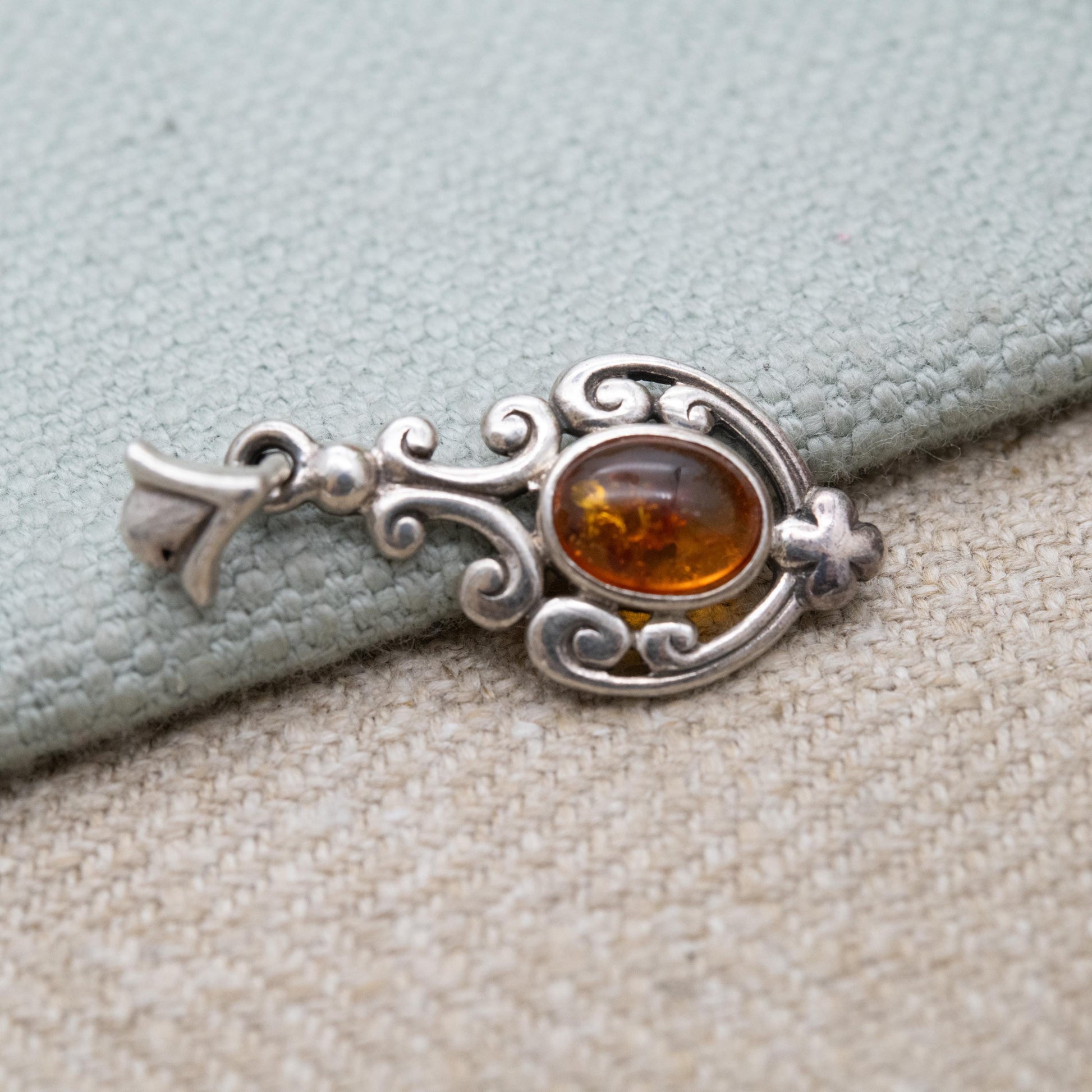 Vintage Sterling Silver Ornate Amber Pendant - Yellow Orange Gemstone Charm | Scrolling Openwork Mount | Gift for Her
