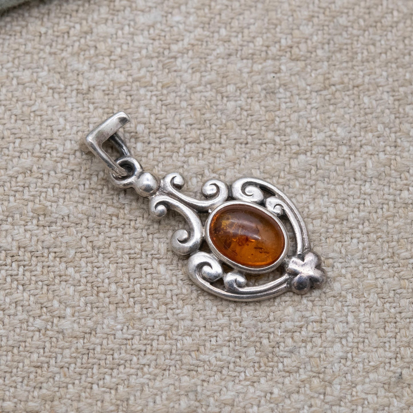 Vintage Sterling Silver Ornate Amber Pendant - Yellow Orange Gemstone Charm | Scrolling Openwork Mount | Gift for Her