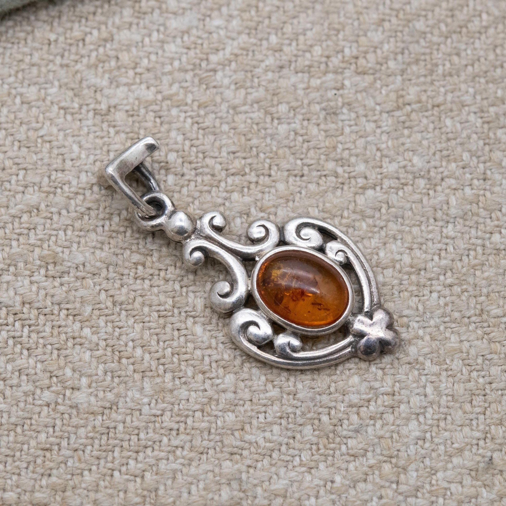 Vintage Sterling Silver Ornate Amber Pendant - Yellow Orange Gemstone Charm | Scrolling Openwork Mount | Gift for Her