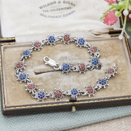 Vintage Sterling Silver Sun Panel Bracelet - Red and Blue Gemstone Star Burst Wrist Jewellery | Pretty Gift for Her