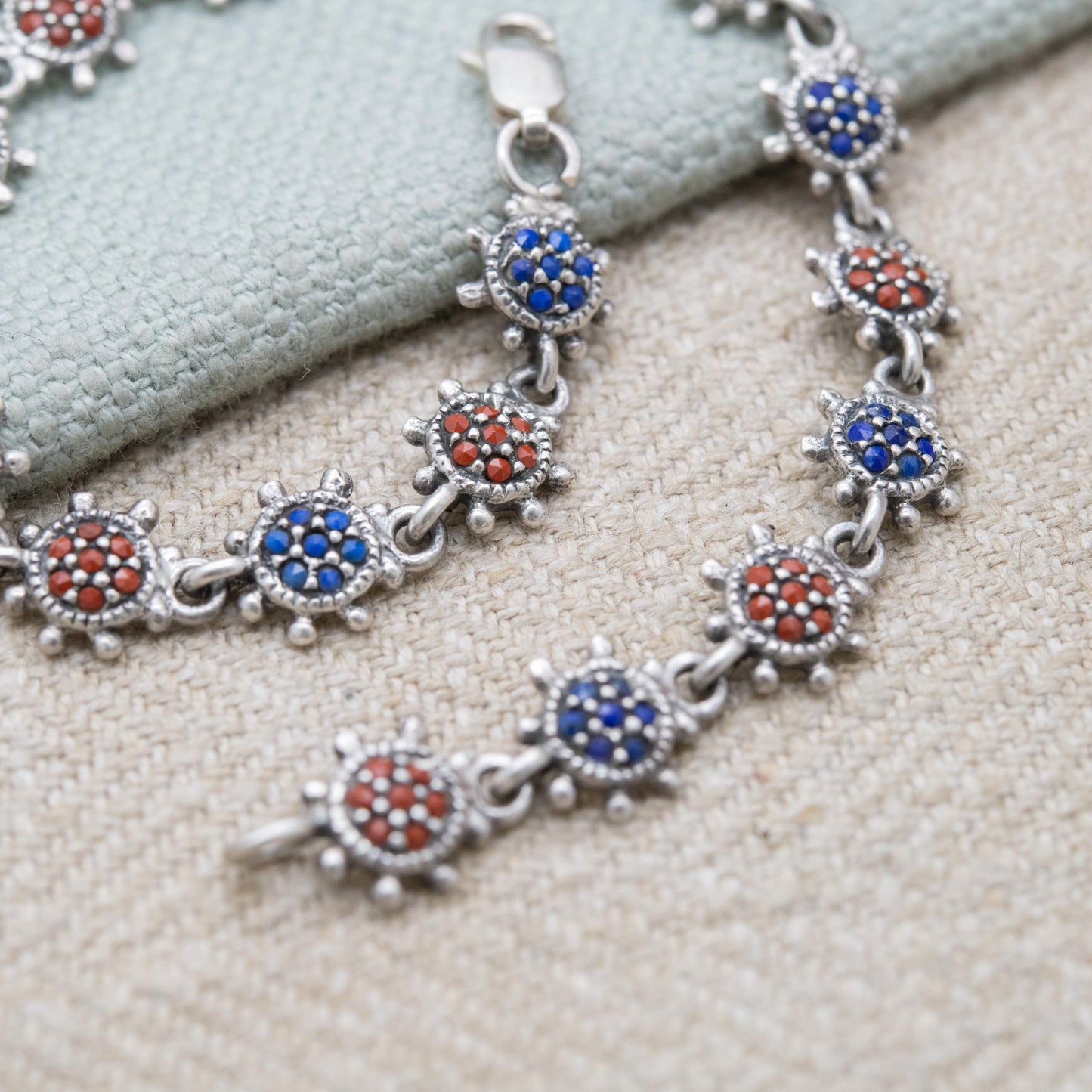 Vintage Sterling Silver Sun Panel Bracelet - Red and Blue Gemstone Star Burst Wrist Jewellery | Pretty Gift for Her