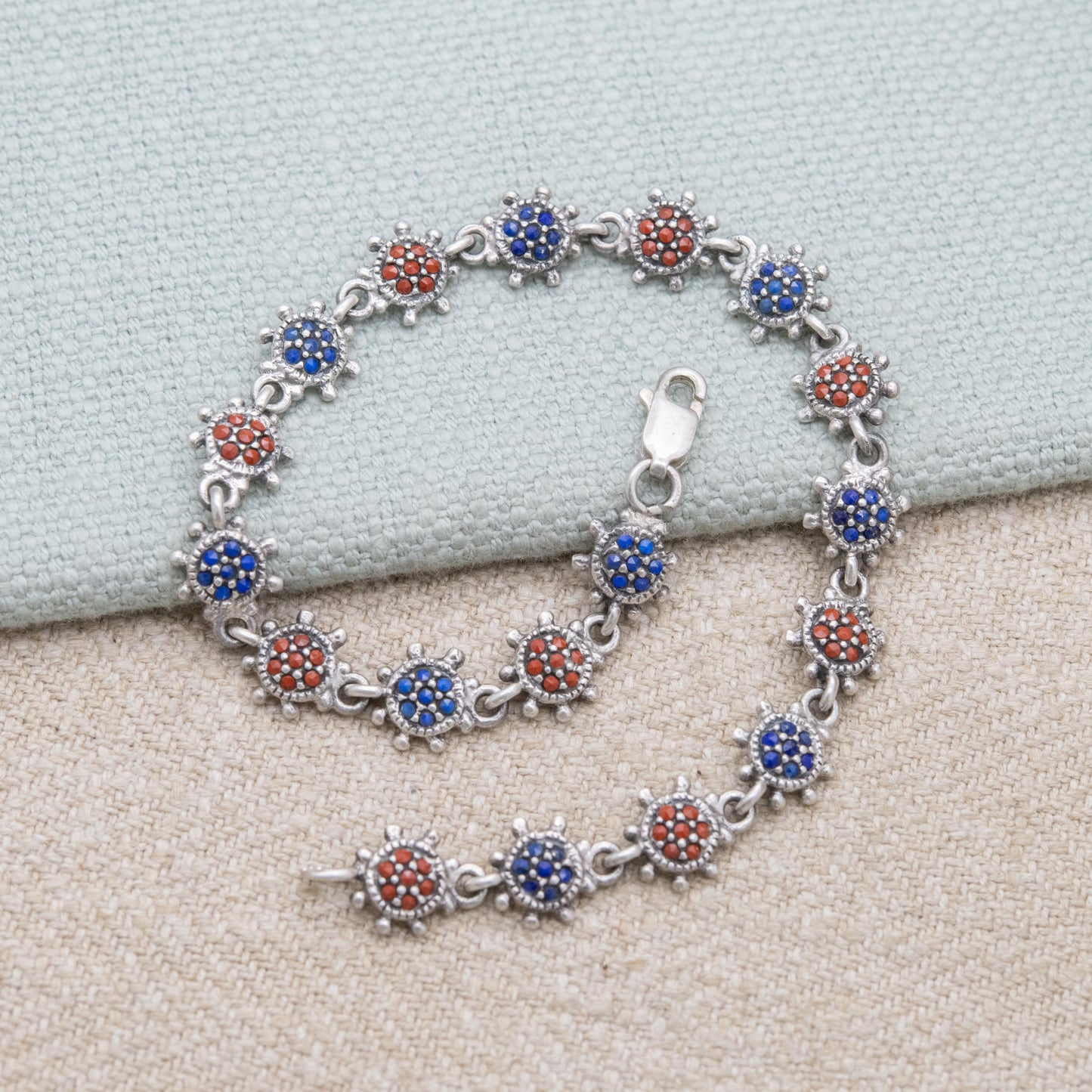 Vintage Sterling Silver Sun Panel Bracelet - Red and Blue Gemstone Star Burst Wrist Jewellery | Pretty Gift for Her