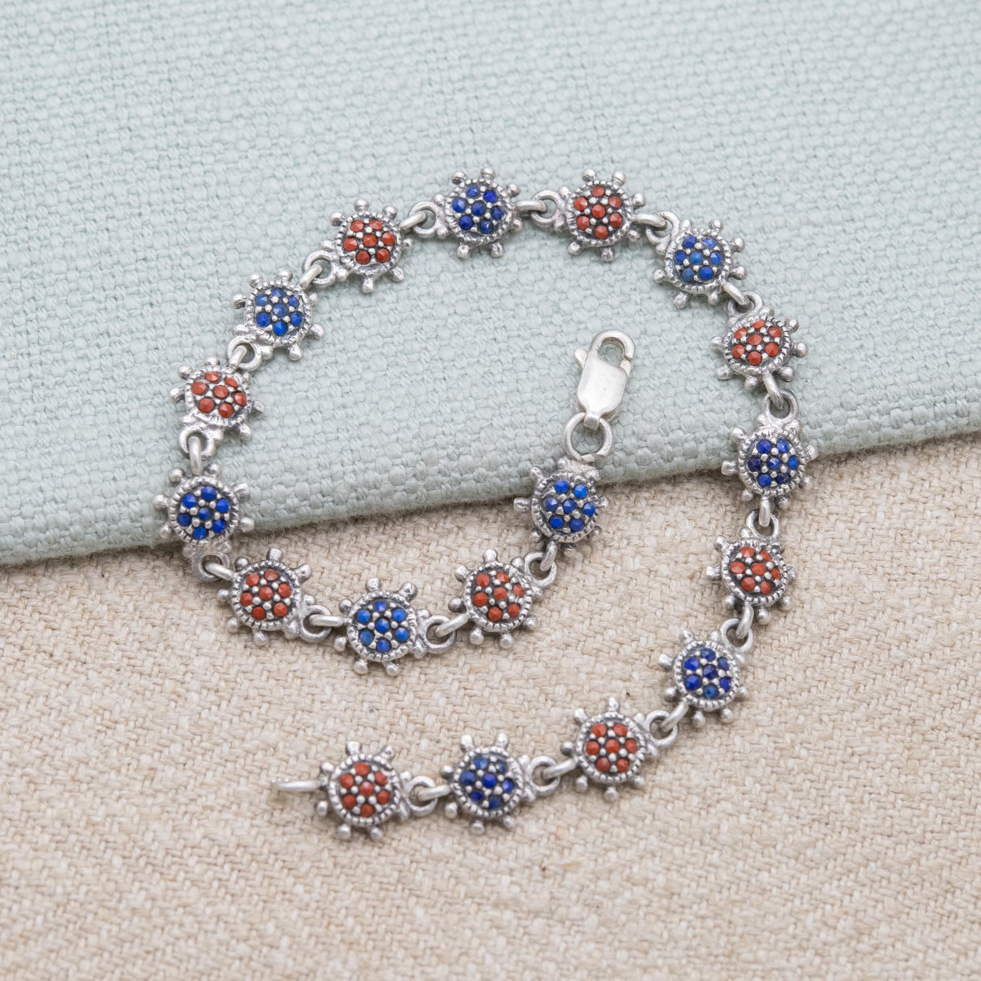 Vintage Sterling Silver Sun Panel Bracelet - Red and Blue Gemstone Star Burst Wrist Jewellery | Pretty Gift for Her