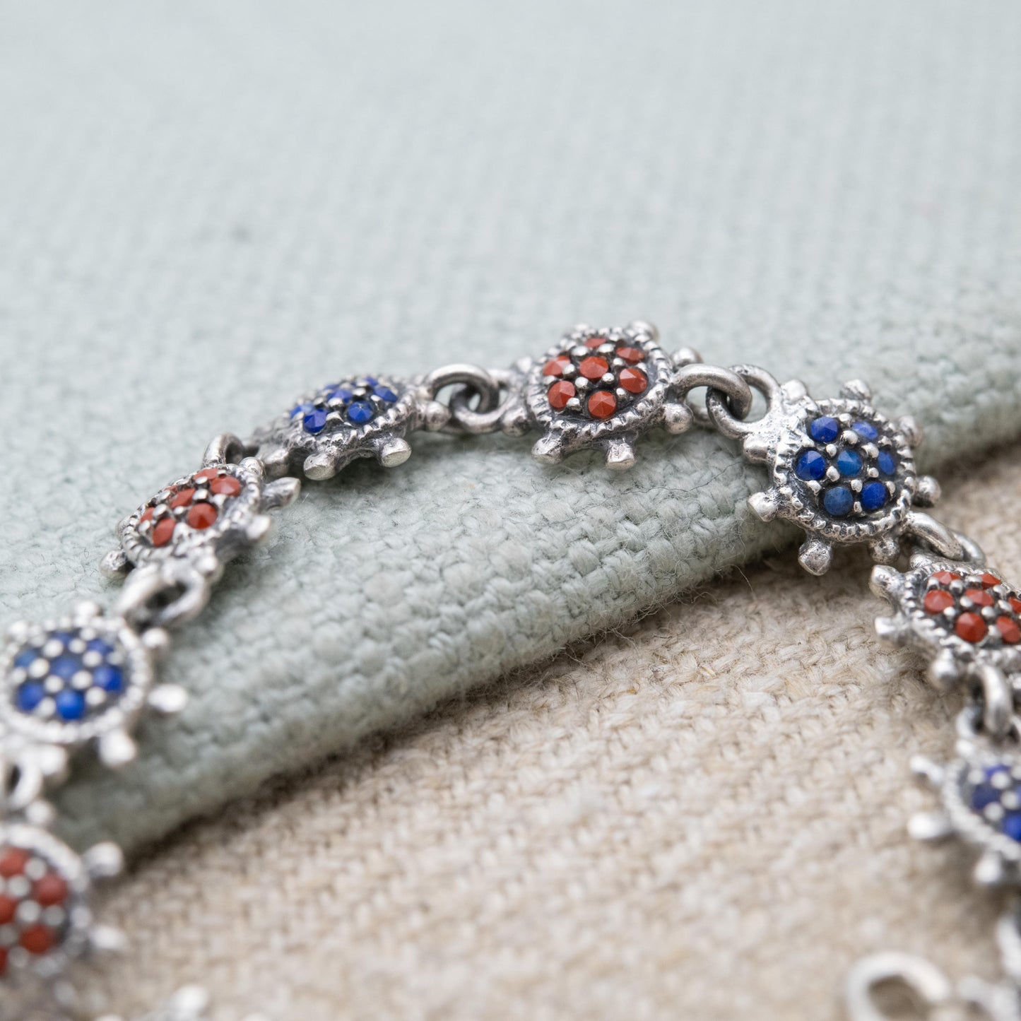 Vintage Sterling Silver Sun Panel Bracelet - Red and Blue Gemstone Star Burst Wrist Jewellery | Pretty Gift for Her