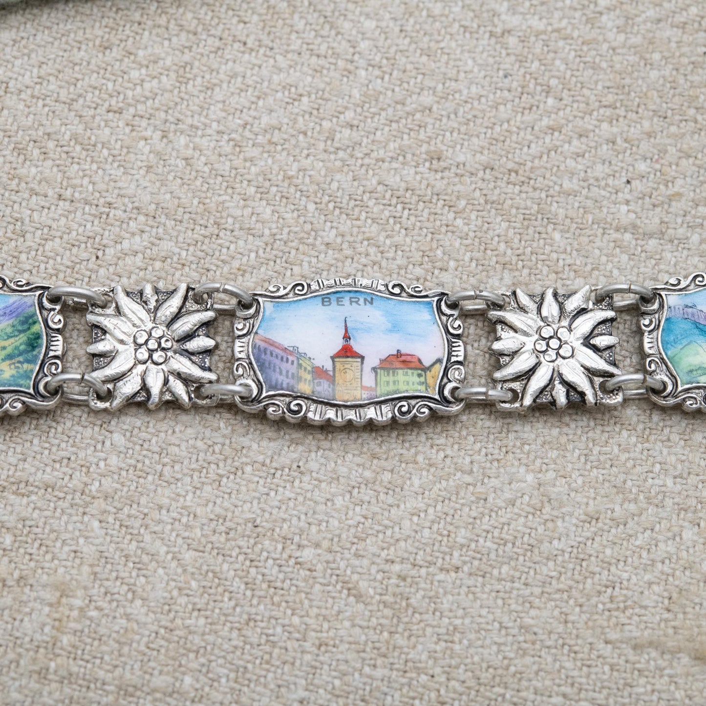 Vintage European Silver Swiss Panel Bracelet - Detailed Flower and Enamel Panel Scenes | Switzerland Travel Souvenir Jewellery