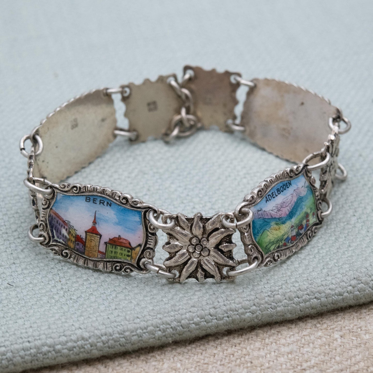 Vintage European Silver Swiss Panel Bracelet - Detailed Flower and Enamel Panel Scenes | Switzerland Travel Souvenir Jewellery