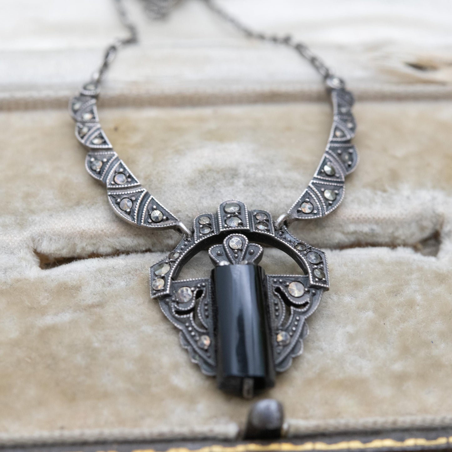 Vintage European Silver Onyx and Marcasite Necklace - Art Deco Style | Large Onyx Gemstone | Gift for Her