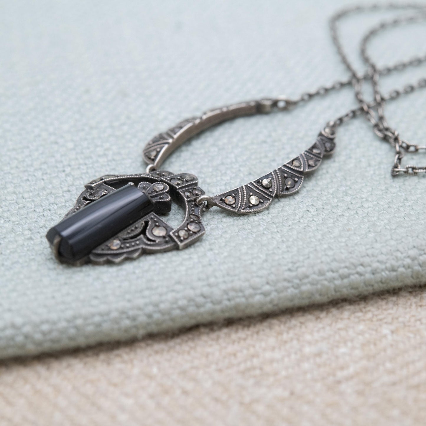 Vintage European Silver Onyx and Marcasite Necklace - Art Deco Style | Large Onyx Gemstone | Gift for Her